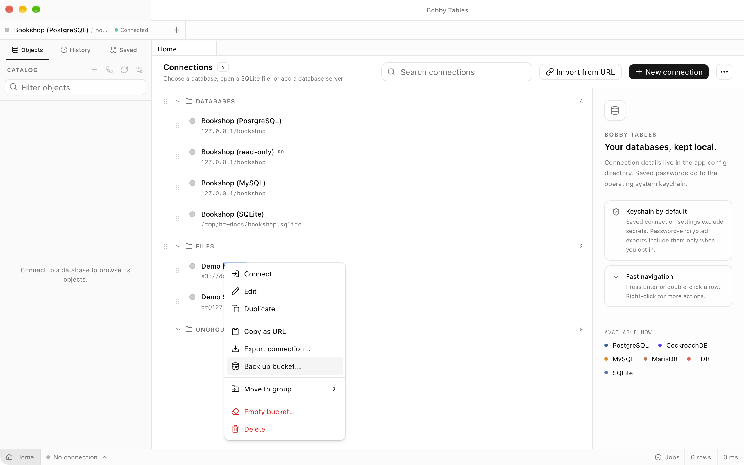 The sidebar context menu of the Backup source connection with Back up bucket... highlighted.