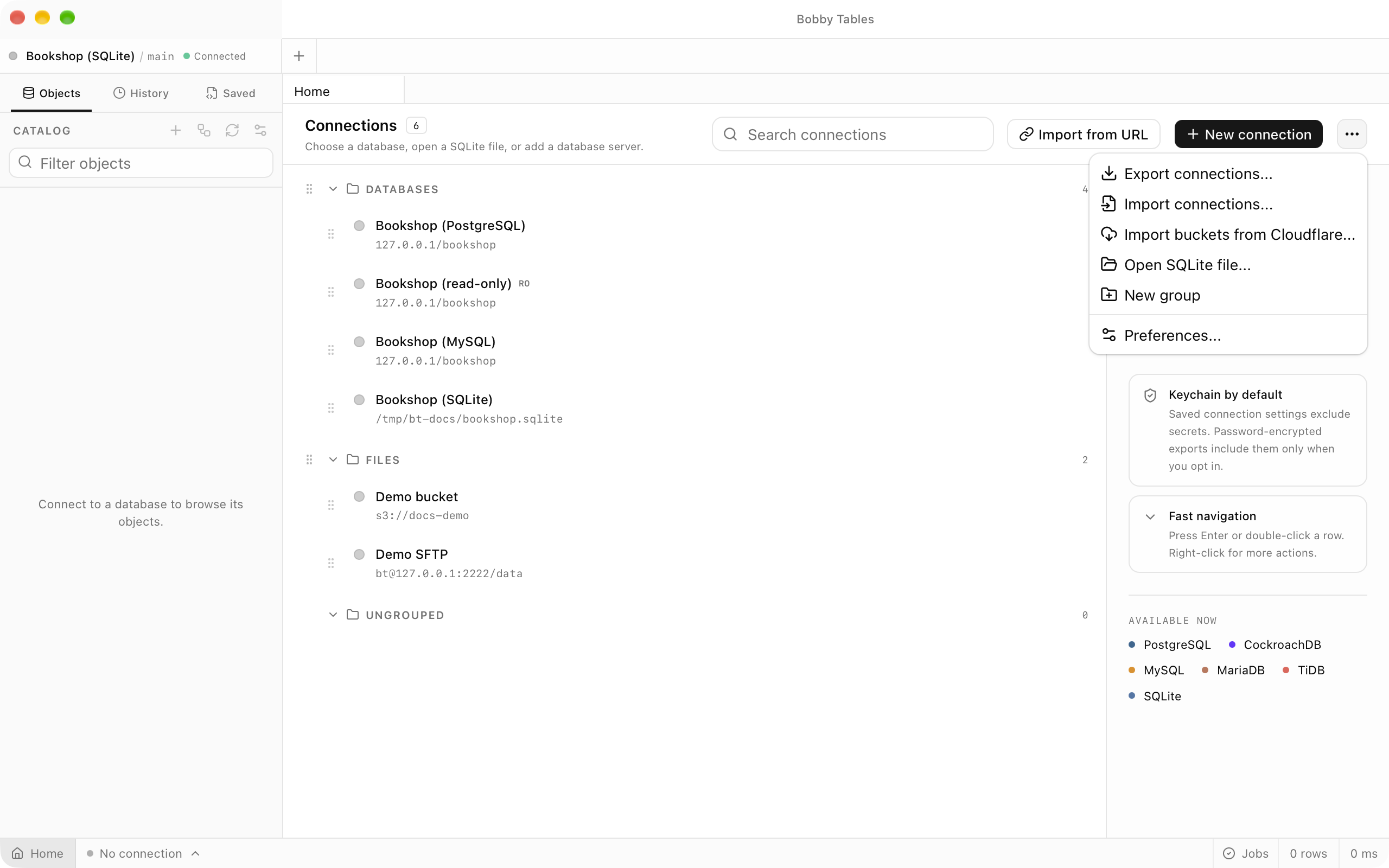 The Home screen with the menu beside New connection open, listing Export connections..., Import connections..., Import buckets from Cloudflare..., Open SQLite file..., New group and Preferences... over the saved connection list.