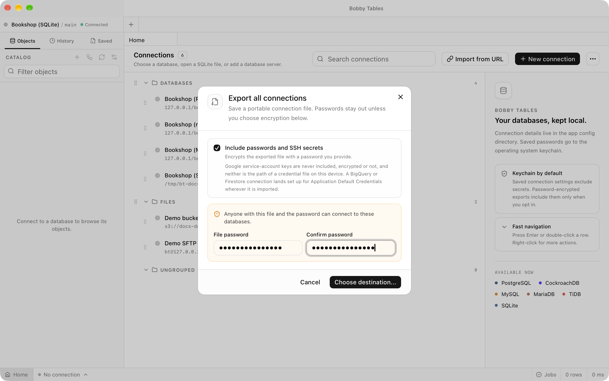 The Export all connections dialog with Include passwords and SSH secrets ticked, a warning that anyone with the file and the password can connect, and masked File password and Confirm password fields.