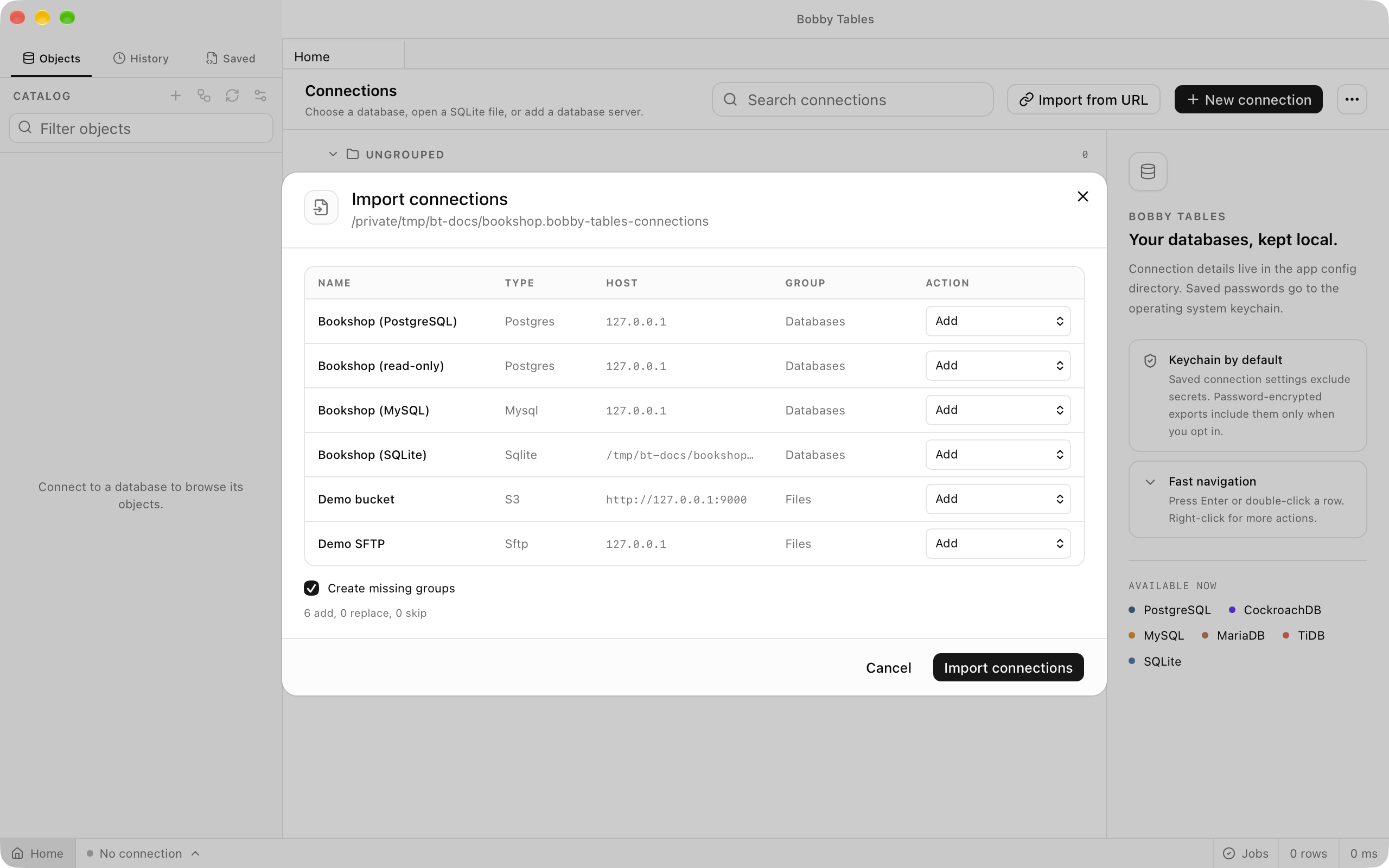 The Import connections dialog listing six connections with their type, host and group, every Action set to Add, and Create missing groups ticked.