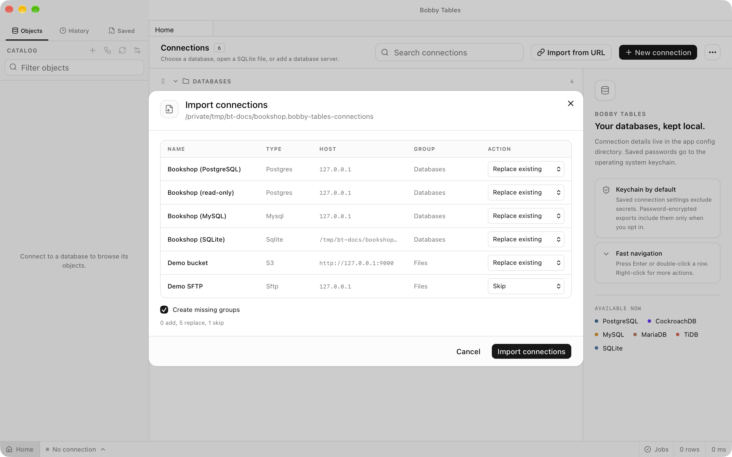 The same review on a second import, where every row matches a saved connection and shows Replace existing, except Demo SFTP, which is set to Skip.