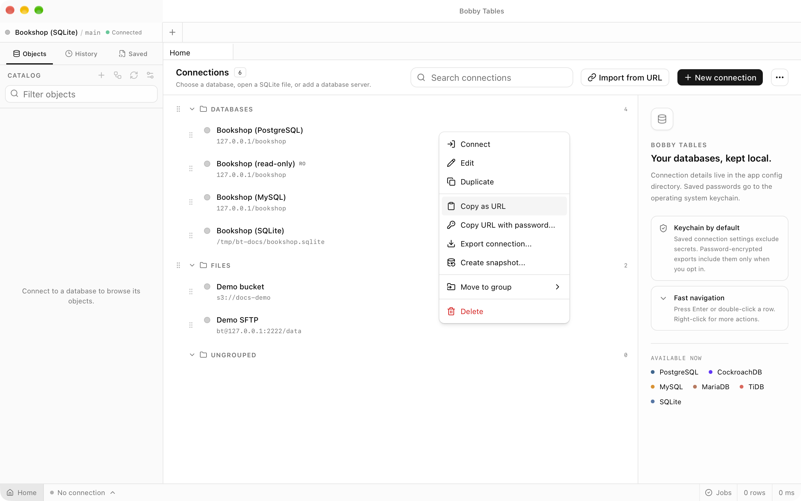 The context menu on Bookshop (PostgreSQL) on Home, with Copy as URL highlighted above Copy URL with password..., Export connection... and Create snapshot....
