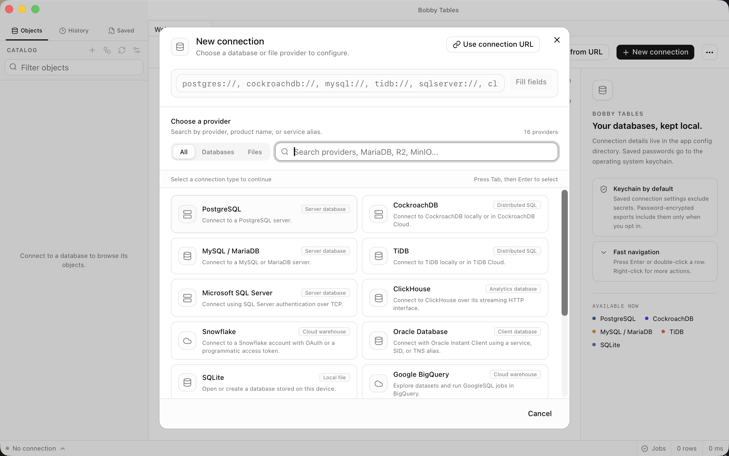 The New connection provider chooser shows PostgreSQL, MySQL / MariaDB, SQLite and other database providers.