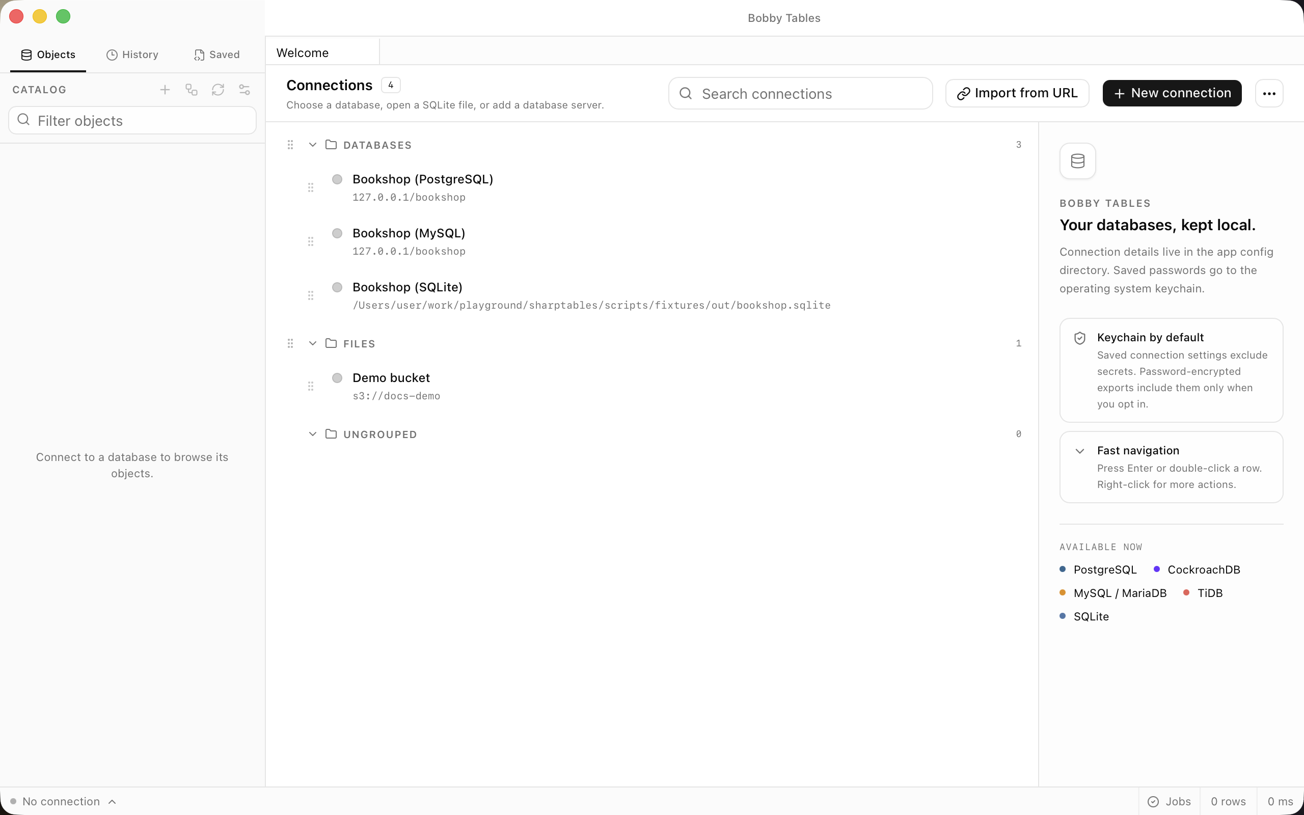 The saved connection list grouped into Databases and Files.