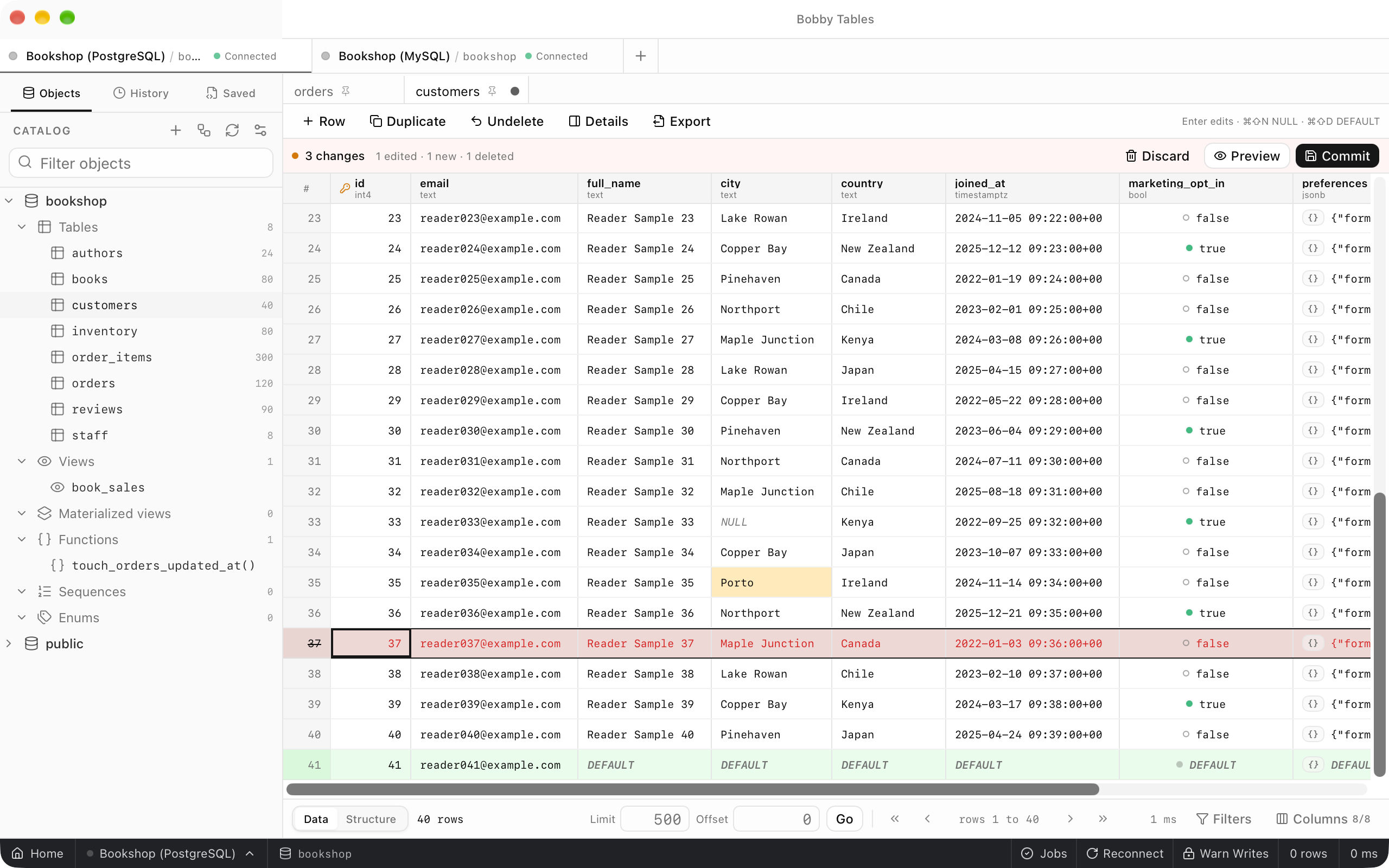 The customers grid with a highlighted Porto city cell, row 37 struck through in red and a new green row 41, under a bar reading 3 changes, 1 edited, 1 new, 1 deleted.