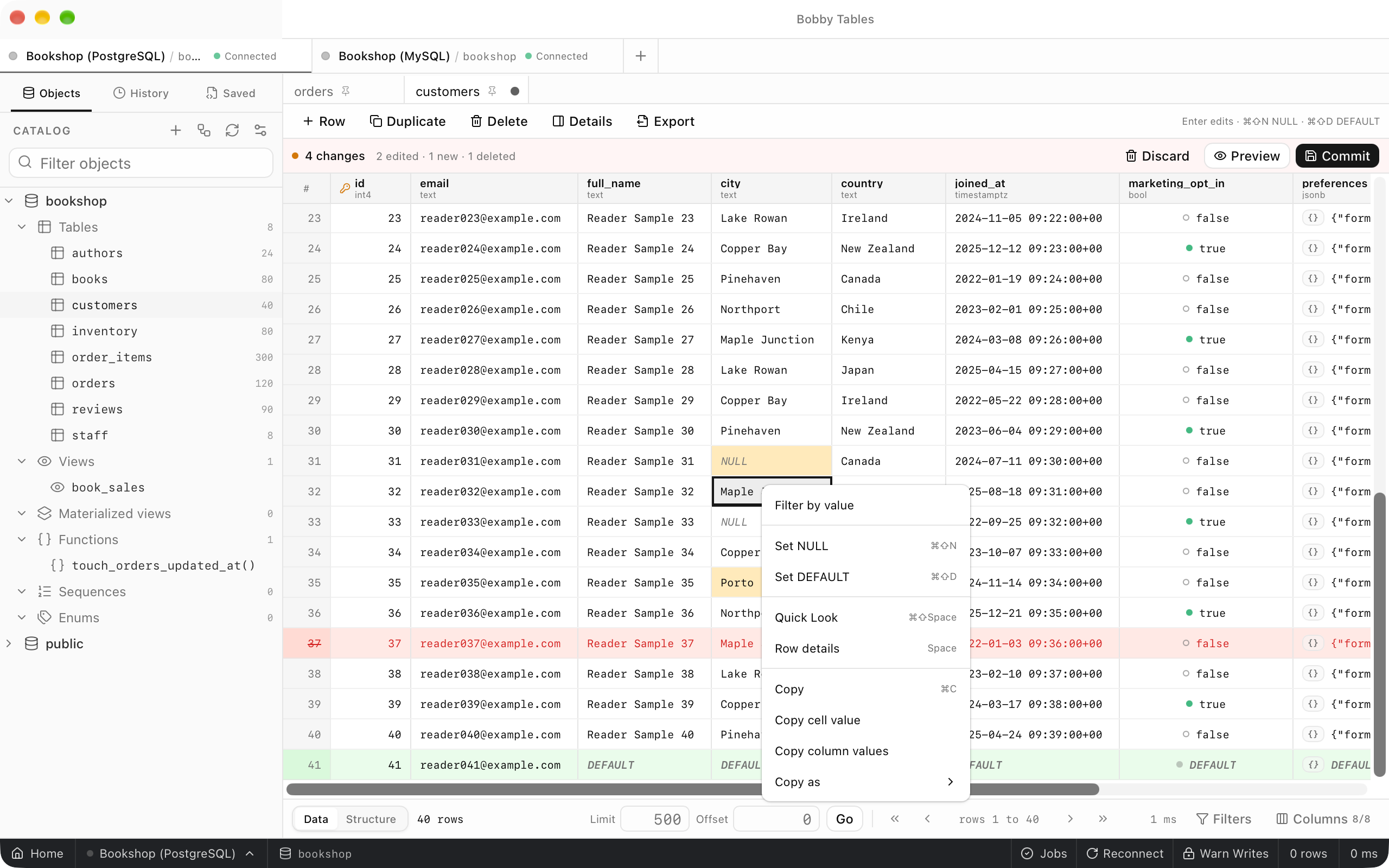 The customers grid with a pending italic NULL in row 31's city cell, and the cell context menu open on row 32 showing Filter by value, Set NULL, Set DEFAULT, Quick Look, Row details and the copy actions.