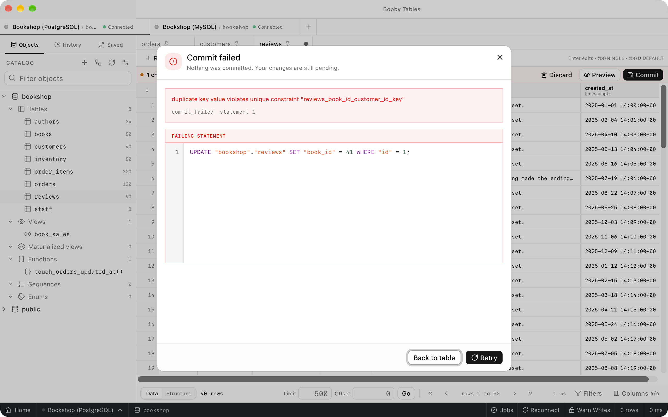 The Commit failed dialog saying nothing was committed, with the duplicate key message for the reviews_book_id_customer_id_key constraint and the failing UPDATE statement.