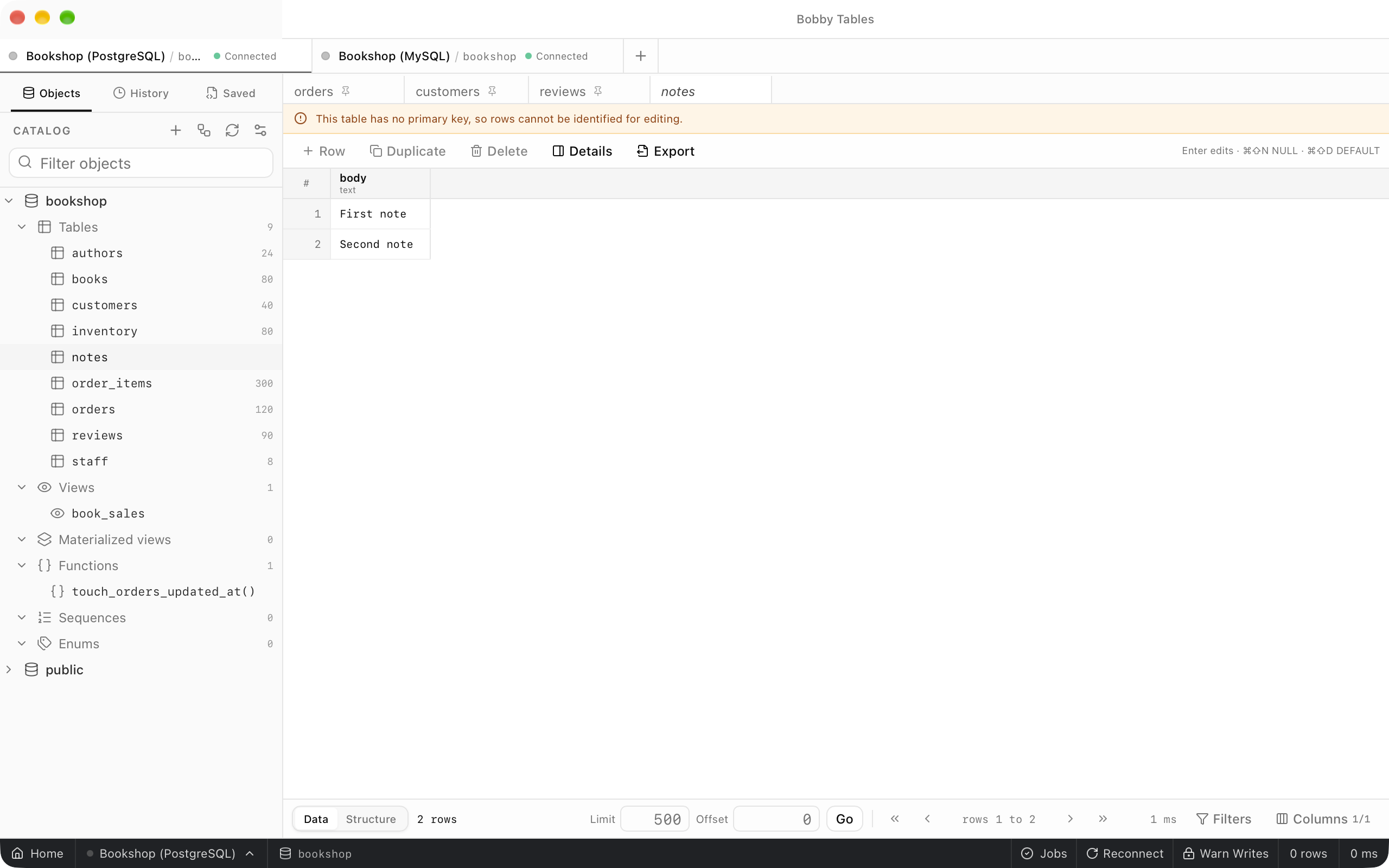 The notes table under an amber banner saying the table has no primary key, so rows cannot be identified for editing, with Row, Duplicate and Delete disabled.