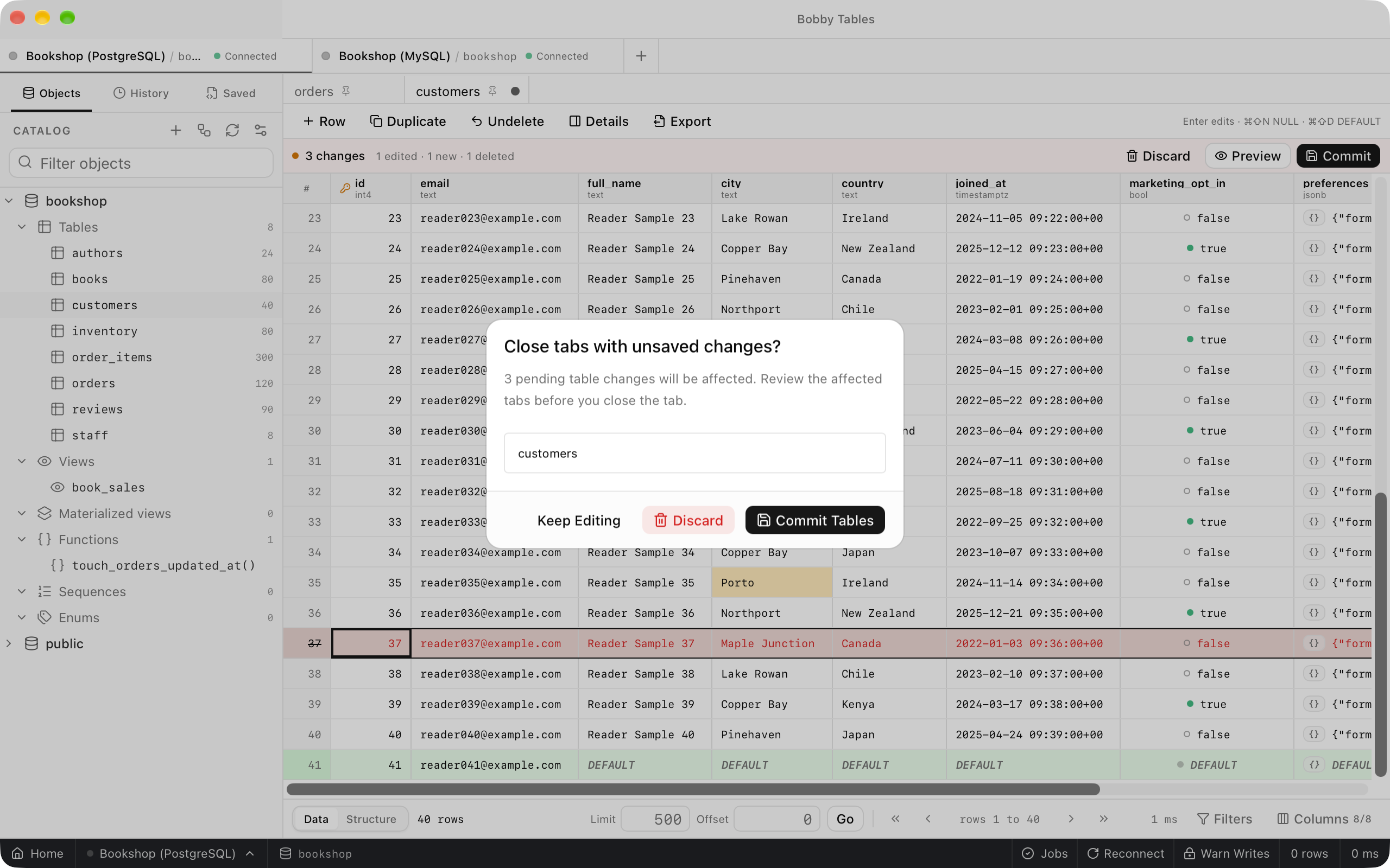 The Close tabs with unsaved changes? dialog saying 3 pending table changes will be affected, listing the customers tab, with Keep Editing, Discard and Commit Tables.
