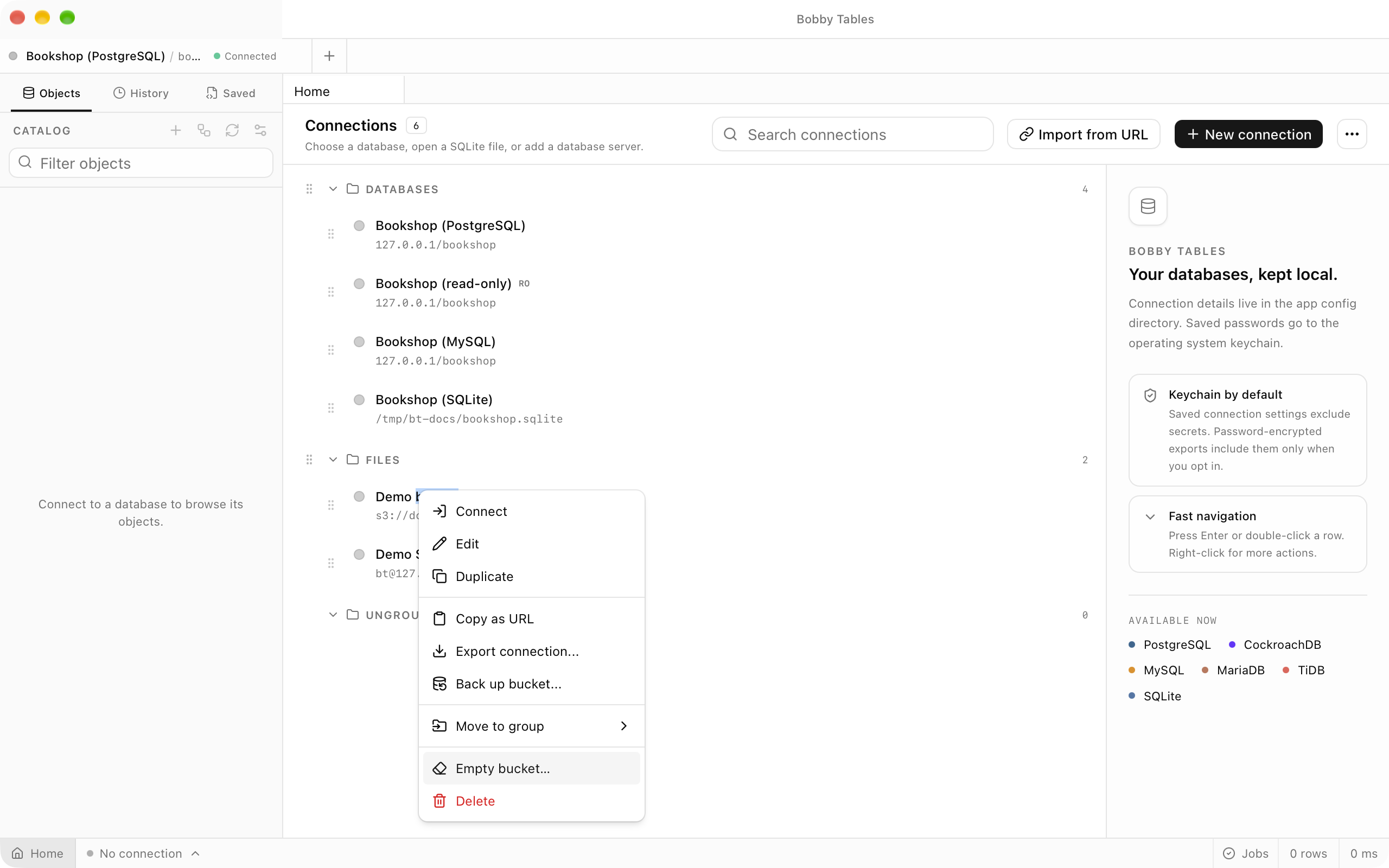 The sidebar context menu of the Purge demo connection with Empty bucket… in red above Delete.