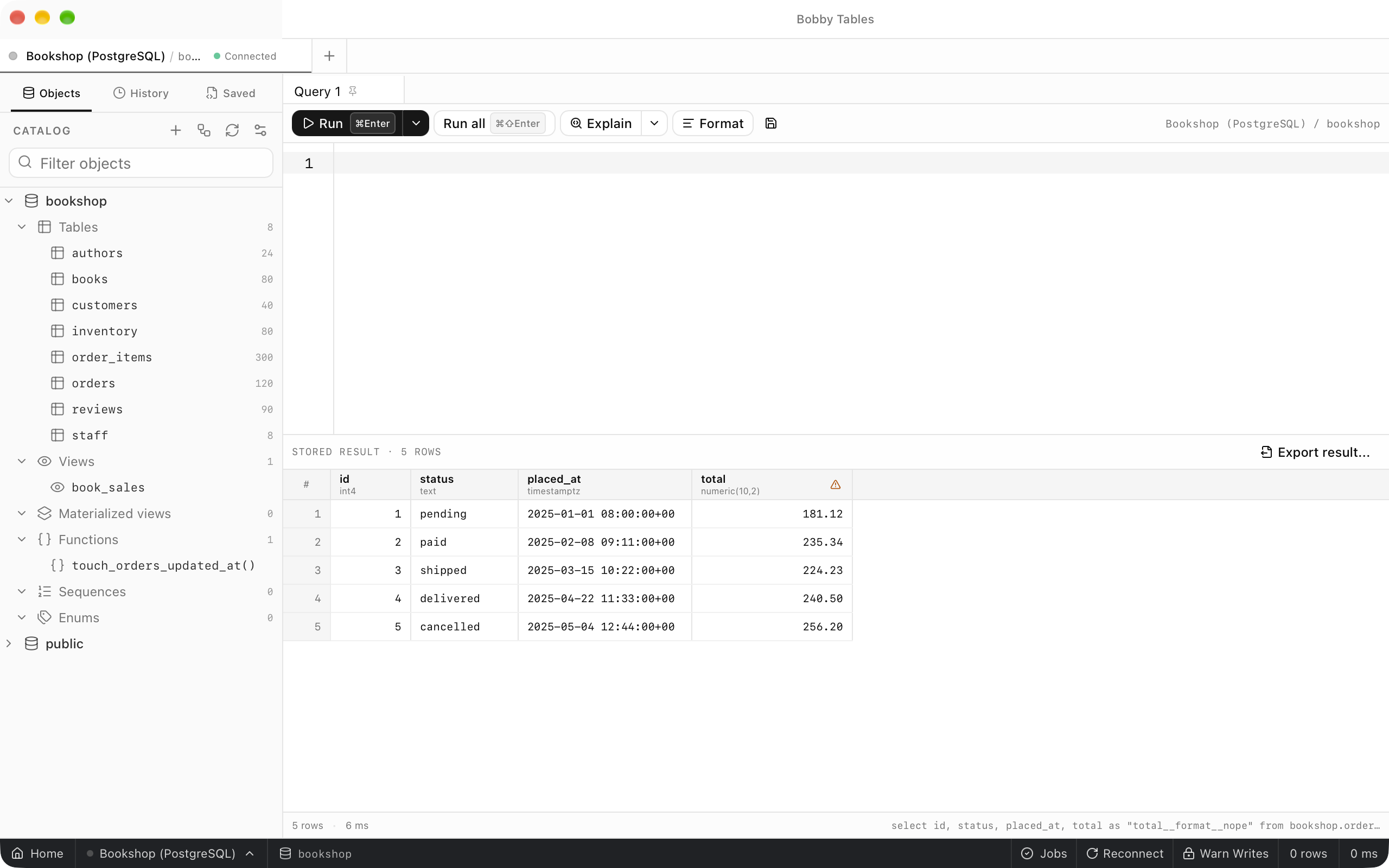 The Objects tab with the bookshop schema expanded, listing eight tables with row estimates such as 120 for orders, the book_sales view, the touch_orders_updated_at function, and empty Materialized views, Sequences and Enums groups.