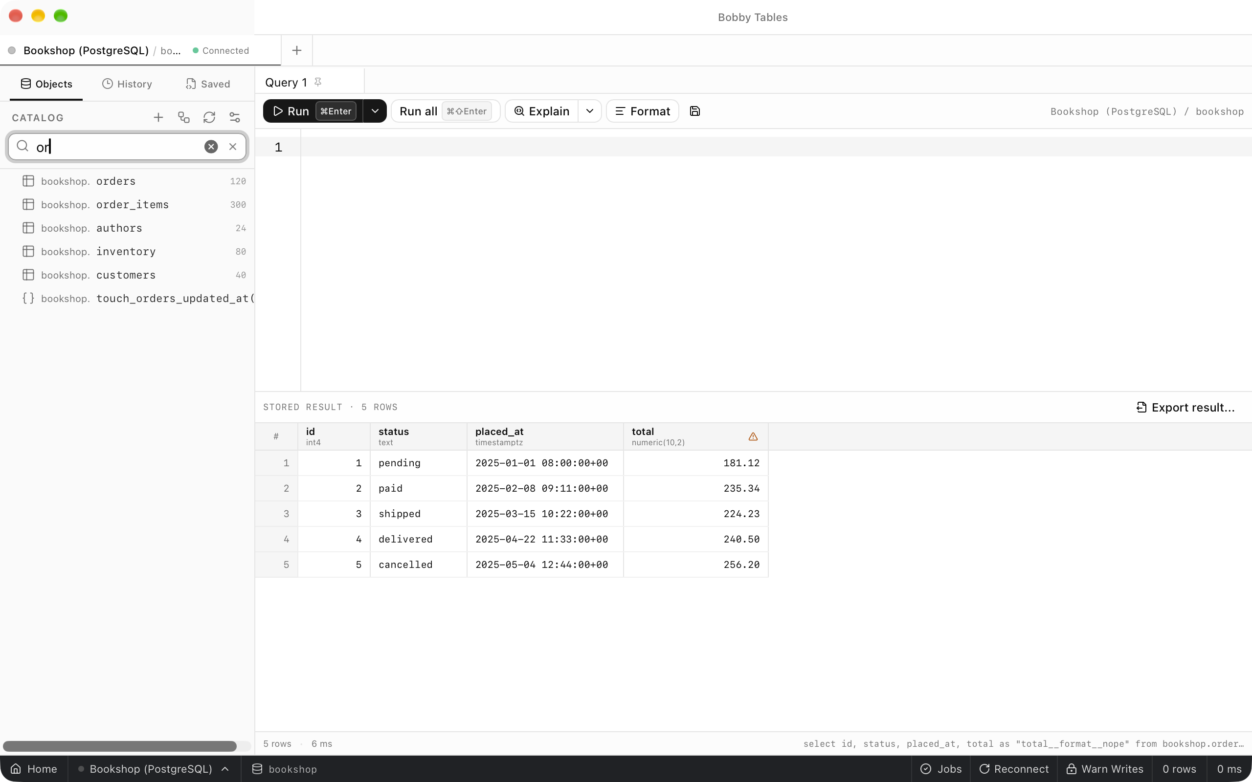 Filter objects containing or, with the tree reduced to bookshop.orders, bookshop.order_items, bookshop.authors, bookshop.inventory, bookshop.customers and the touch_orders_updated_at function.