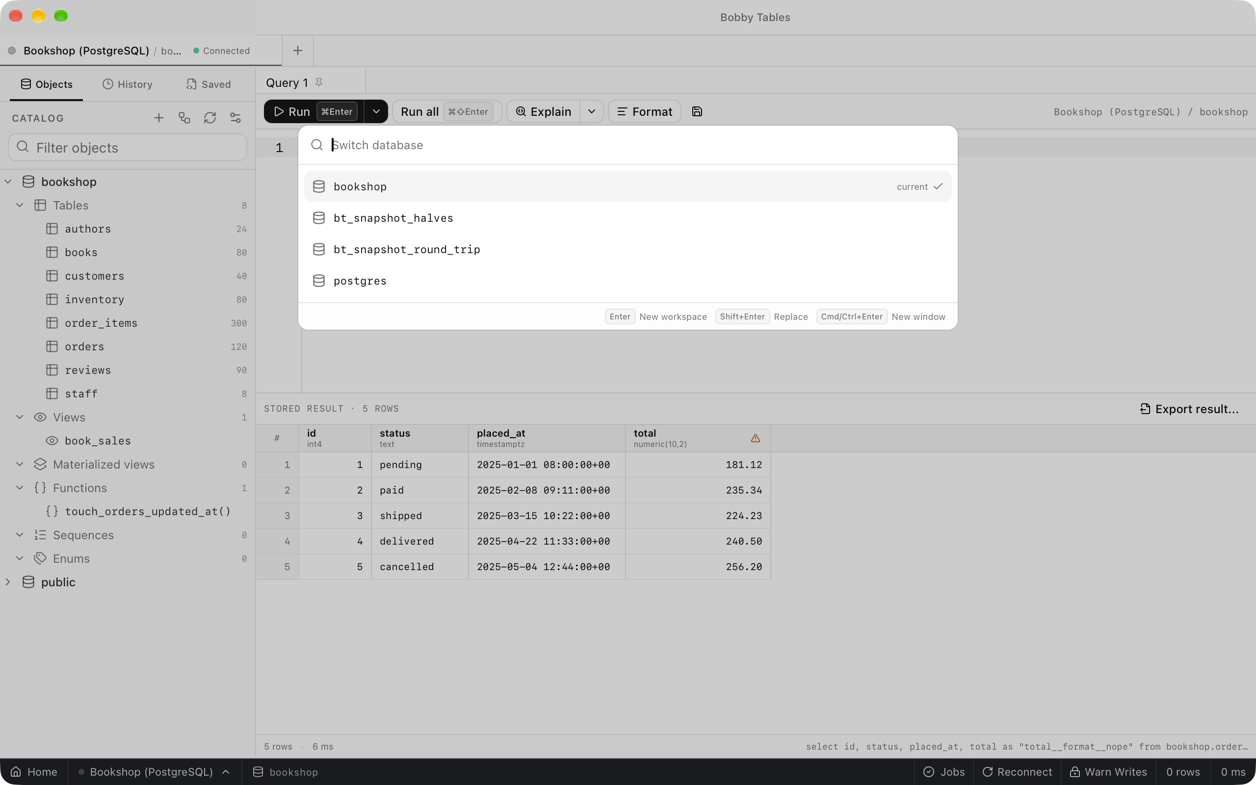 Switch database listing bookshop marked current, two other databases on the same server, and postgres, with Enter, Shift+Enter and Cmd/Ctrl+Enter described in the footer.