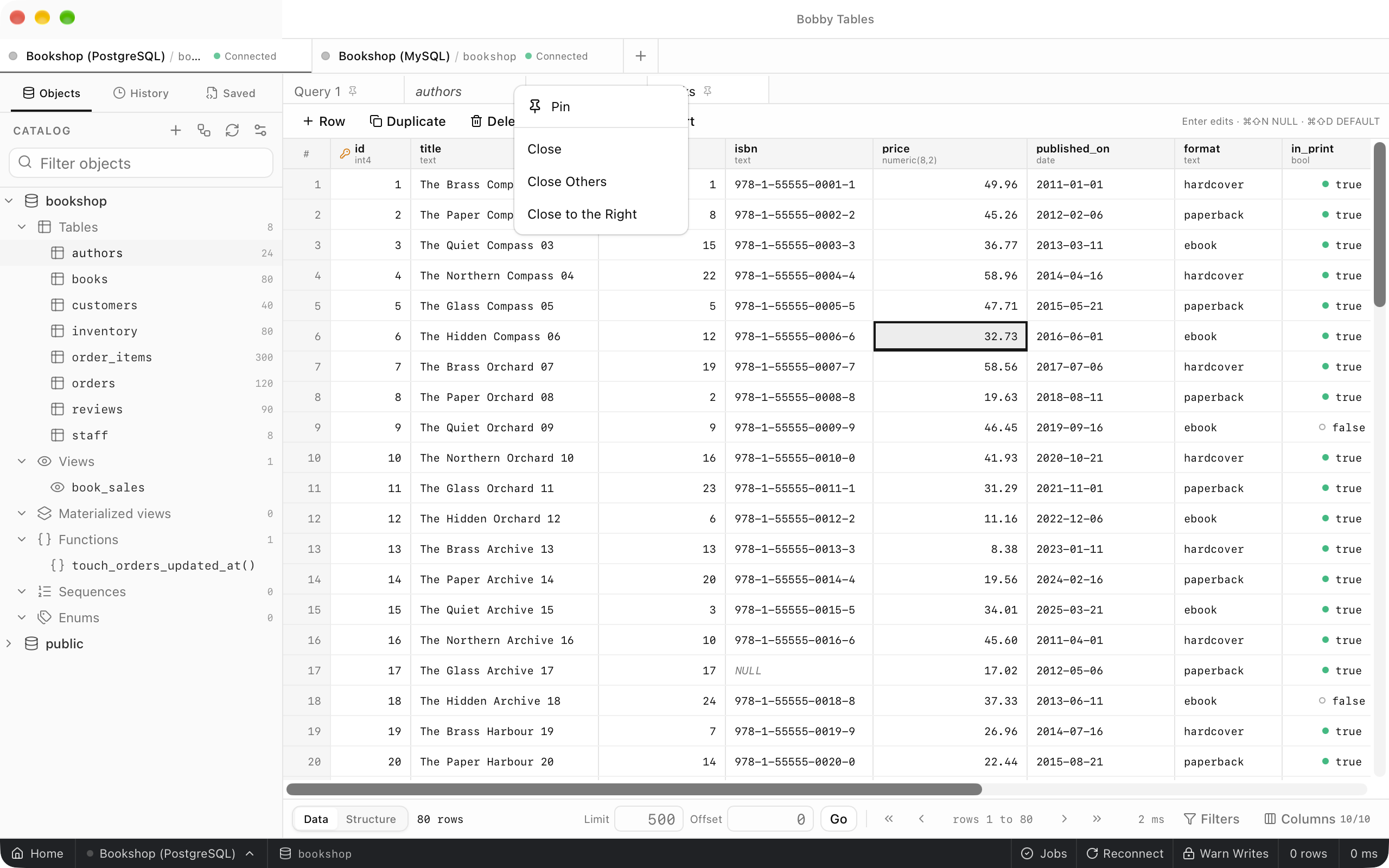 The tab strip with a pinned Query 1 tab, an italic authors preview tab and pinned orders and books tabs, with the preview tab's menu open showing Pin, Close, Close Others and Close to the Right.