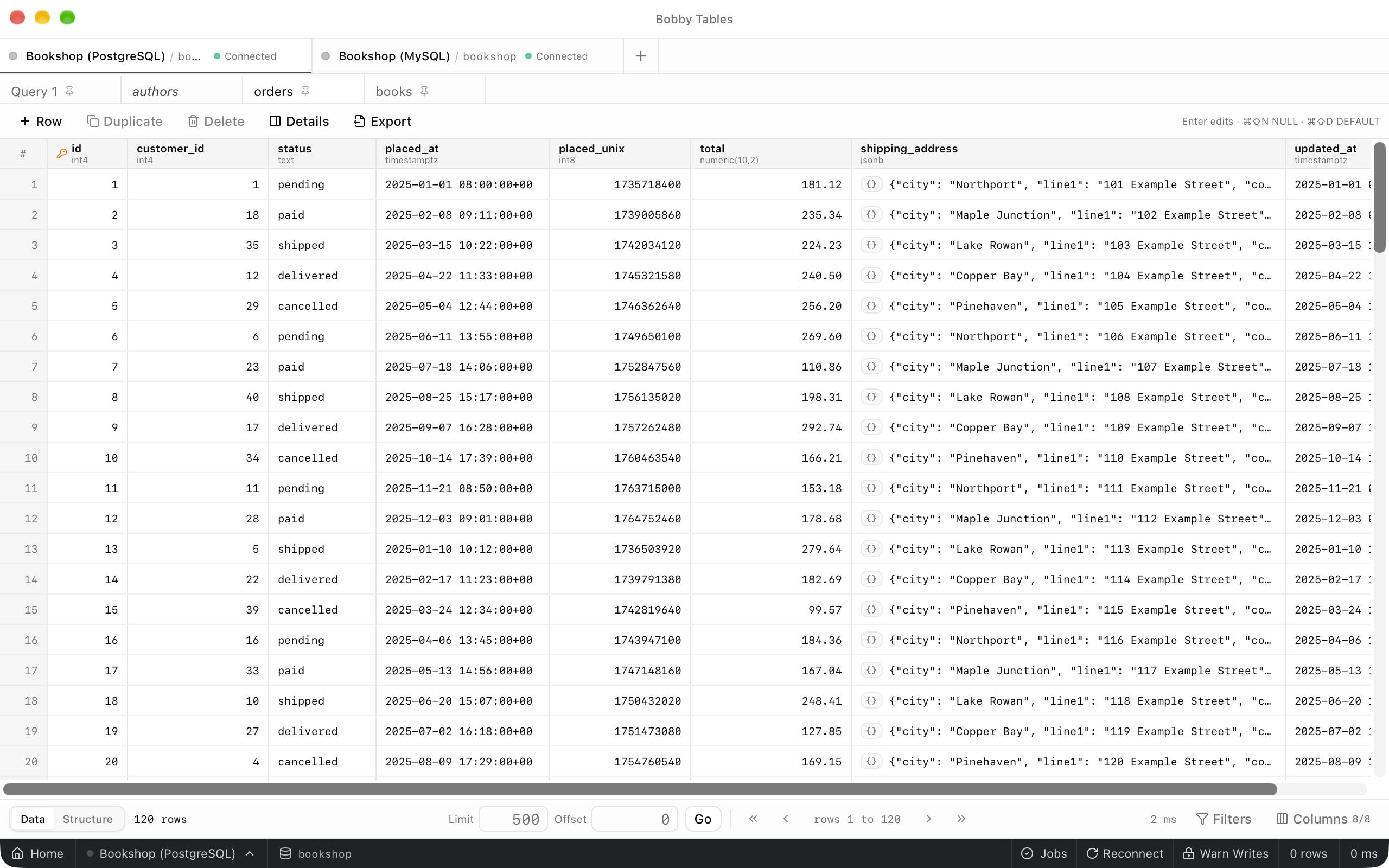 The window with the sidebar hidden and the orders data grid filling the full width, showing columns through updated_at.