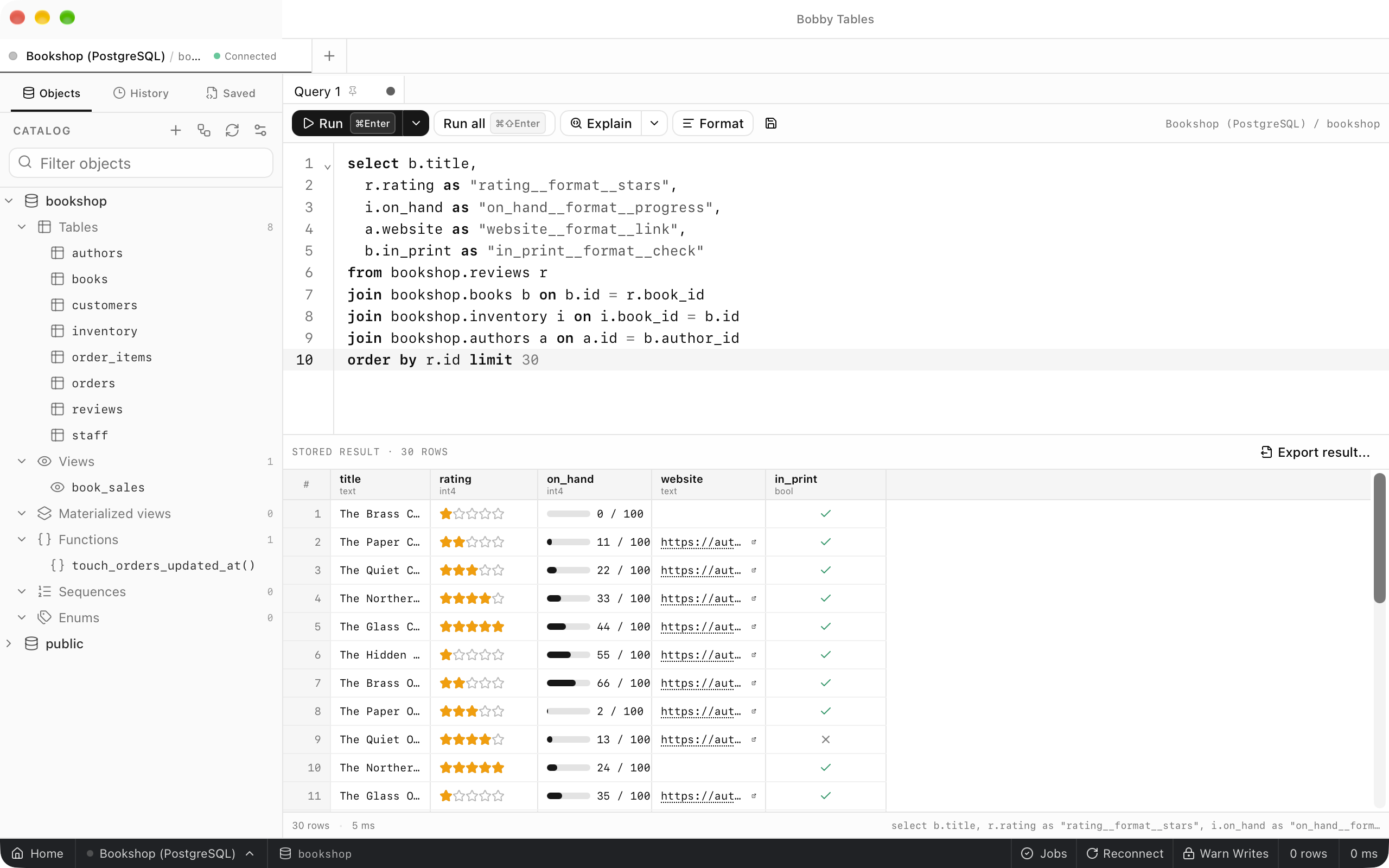 A result joining reviews, books, inventory and authors, with rating drawn as stars, on_hand as progress bars with values out of 100, website as links, and in_print as checks and one cross.