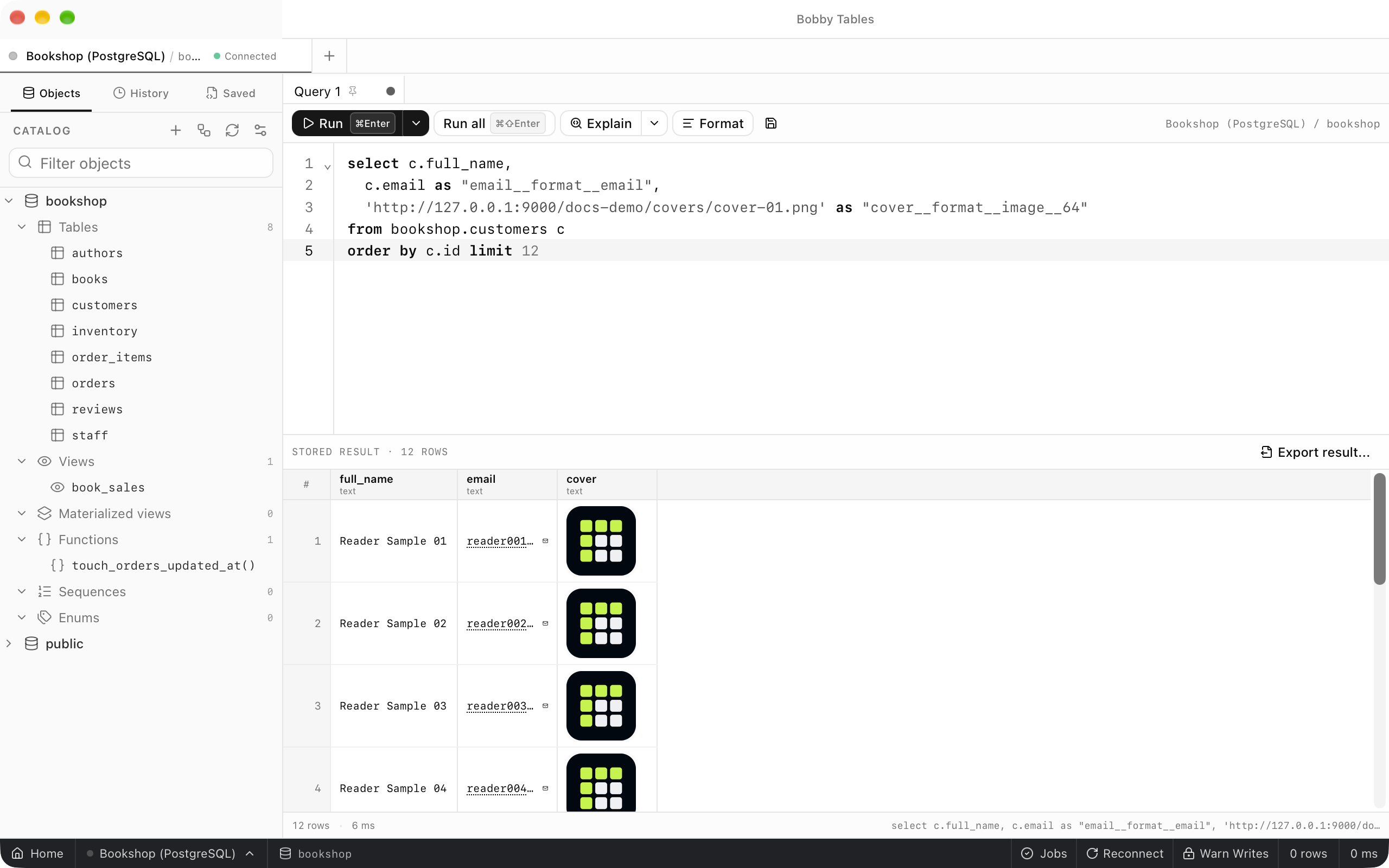 Customer names beside email addresses drawn as links and a cover column of 64-pixel thumbnails.