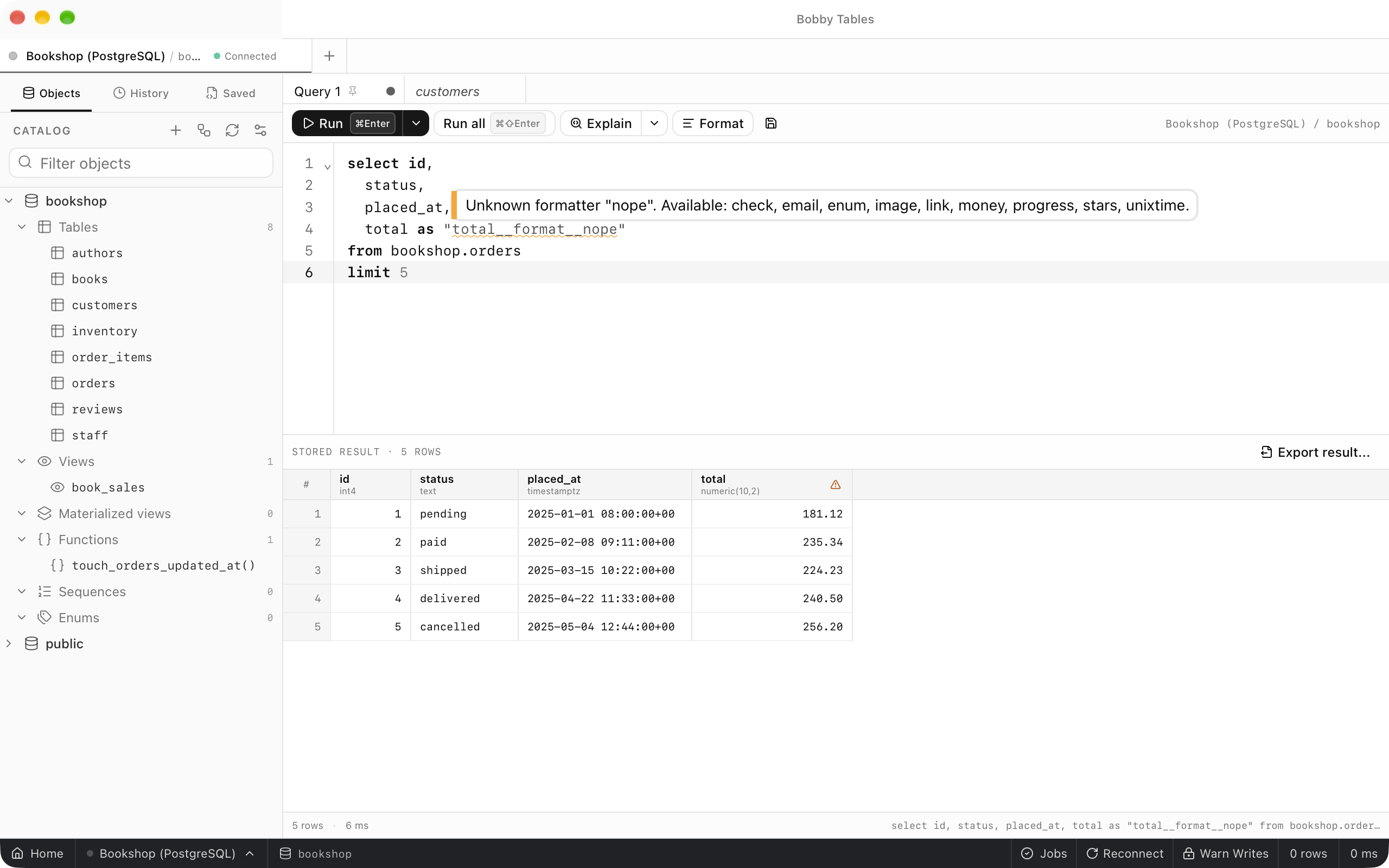 An alias ending in __format__nope underlined in the editor, with a tooltip reading Unknown formatter nope and listing check, email, enum, image, link, money, progress, stars and unixtime, and a warning icon on the total heading below.