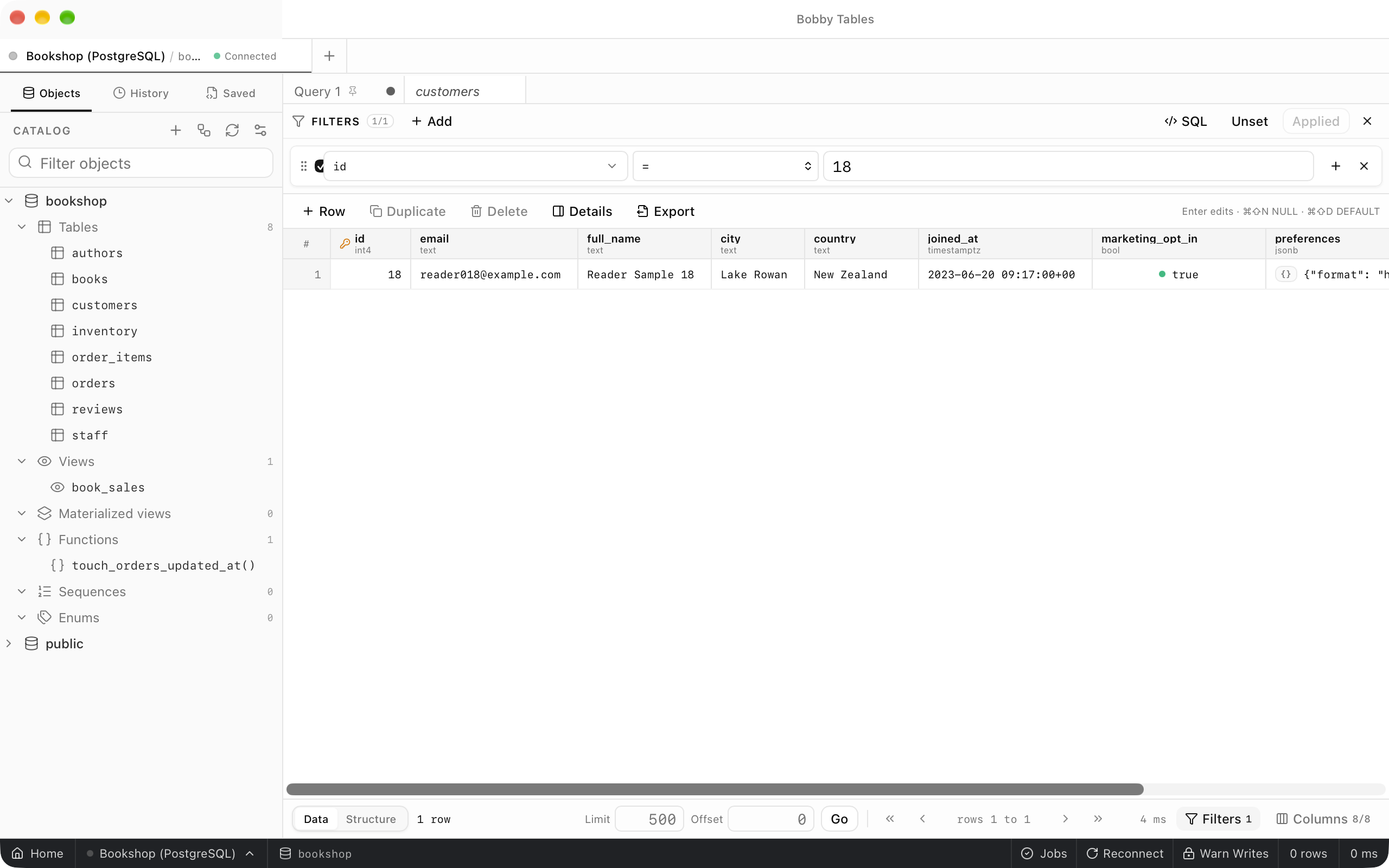 The customers table open in a new tab with the filter id = 18 applied and one row, Reader Sample 18.