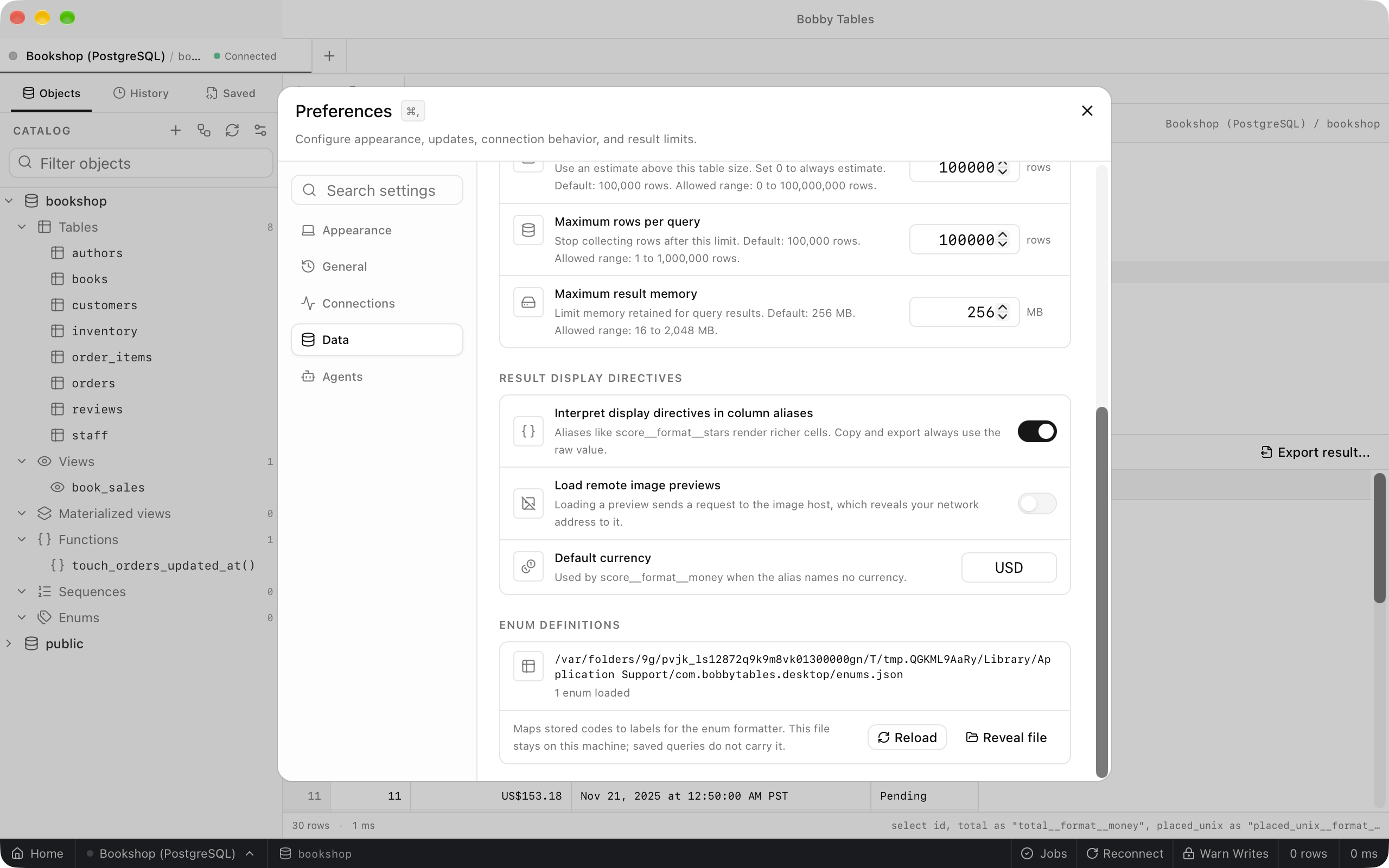 The Data preferences showing the Result display directives switches, Default currency set to USD, and Enum definitions reading 1 enum loaded with Reload and Reveal file.