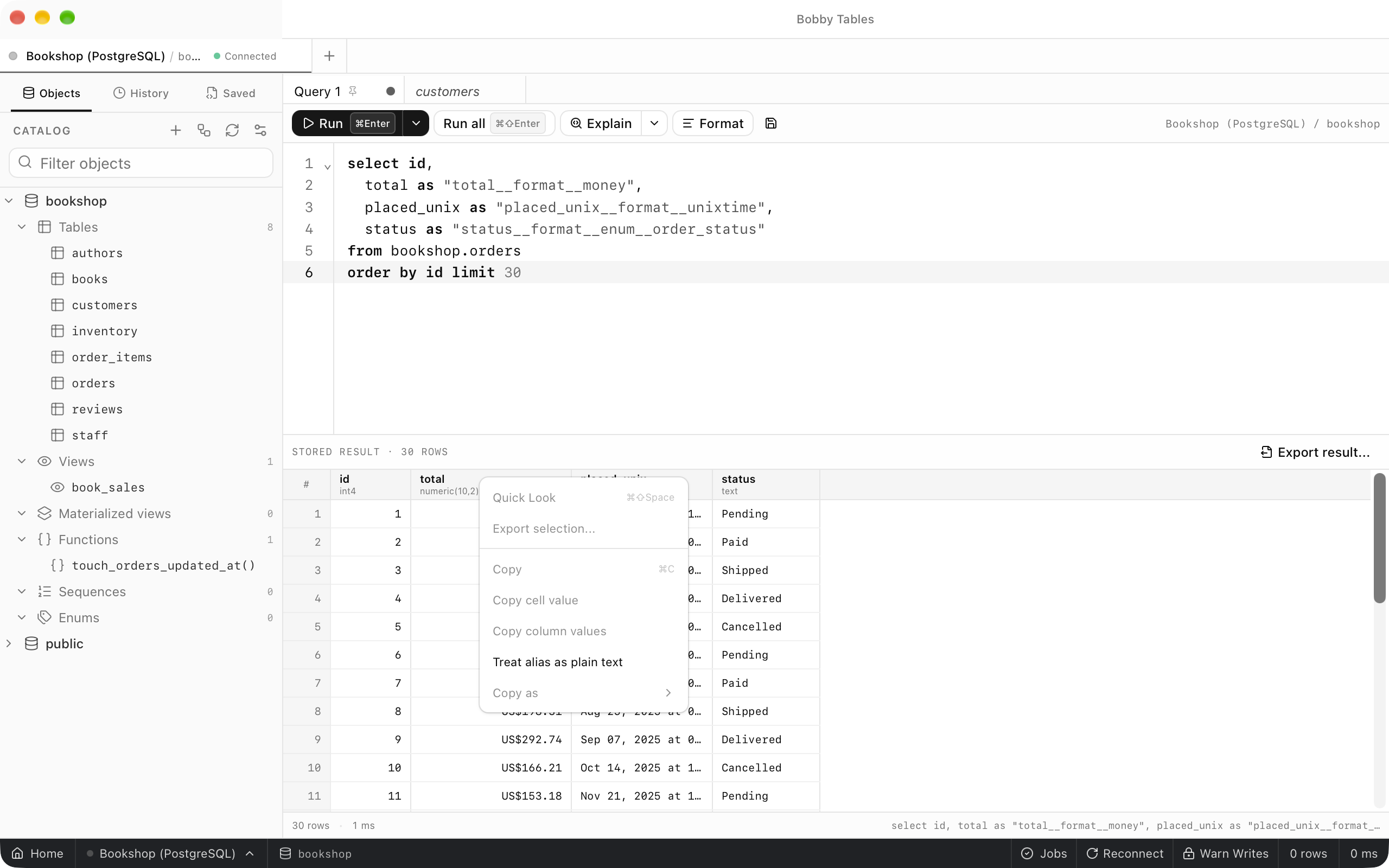 The context menu for the total heading, where Treat alias as plain text is enabled below the disabled copy actions.