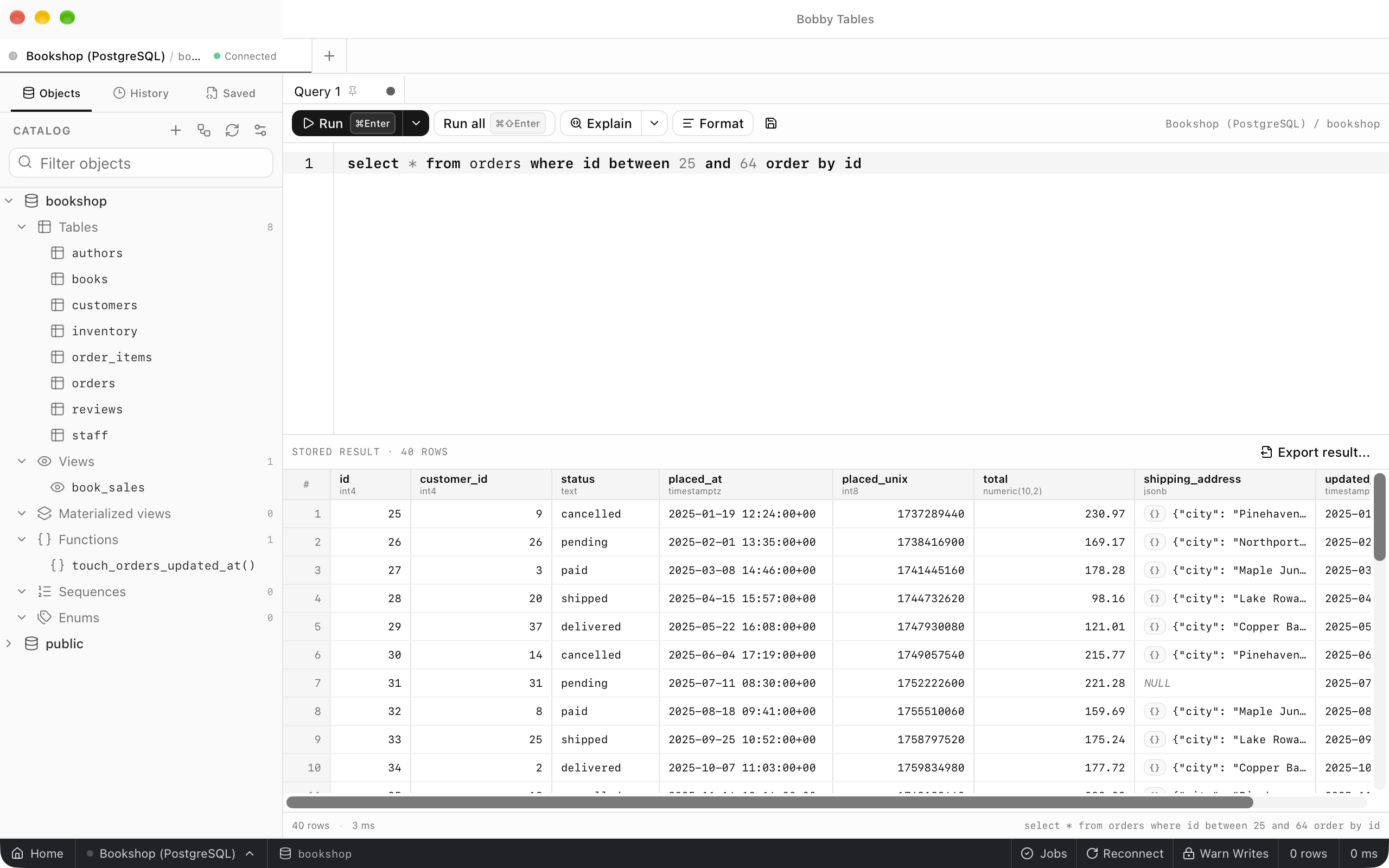 Orders 25 to 64 in the grid, with a type under each column name, an italic NULL in shipping_address for order 31, and JSON addresses marked with a {} badge.
