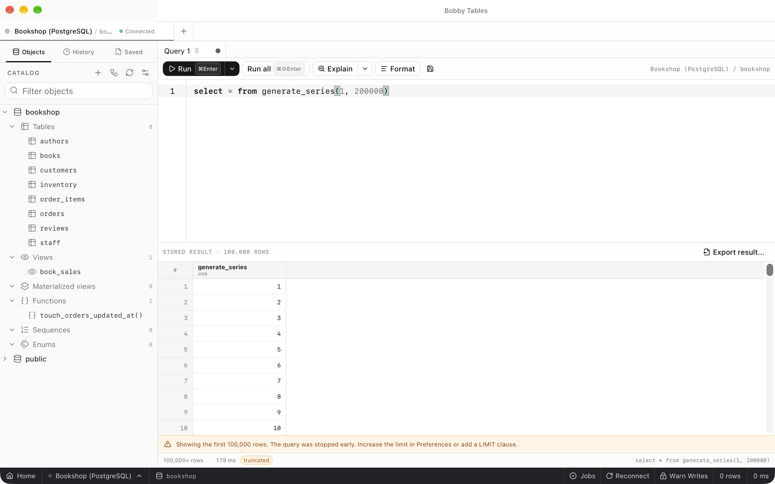 A generate_series query stopped at 100,000 rows, with a banner reading Showing the first 100,000 rows and a truncated badge beside the row count in the footer.