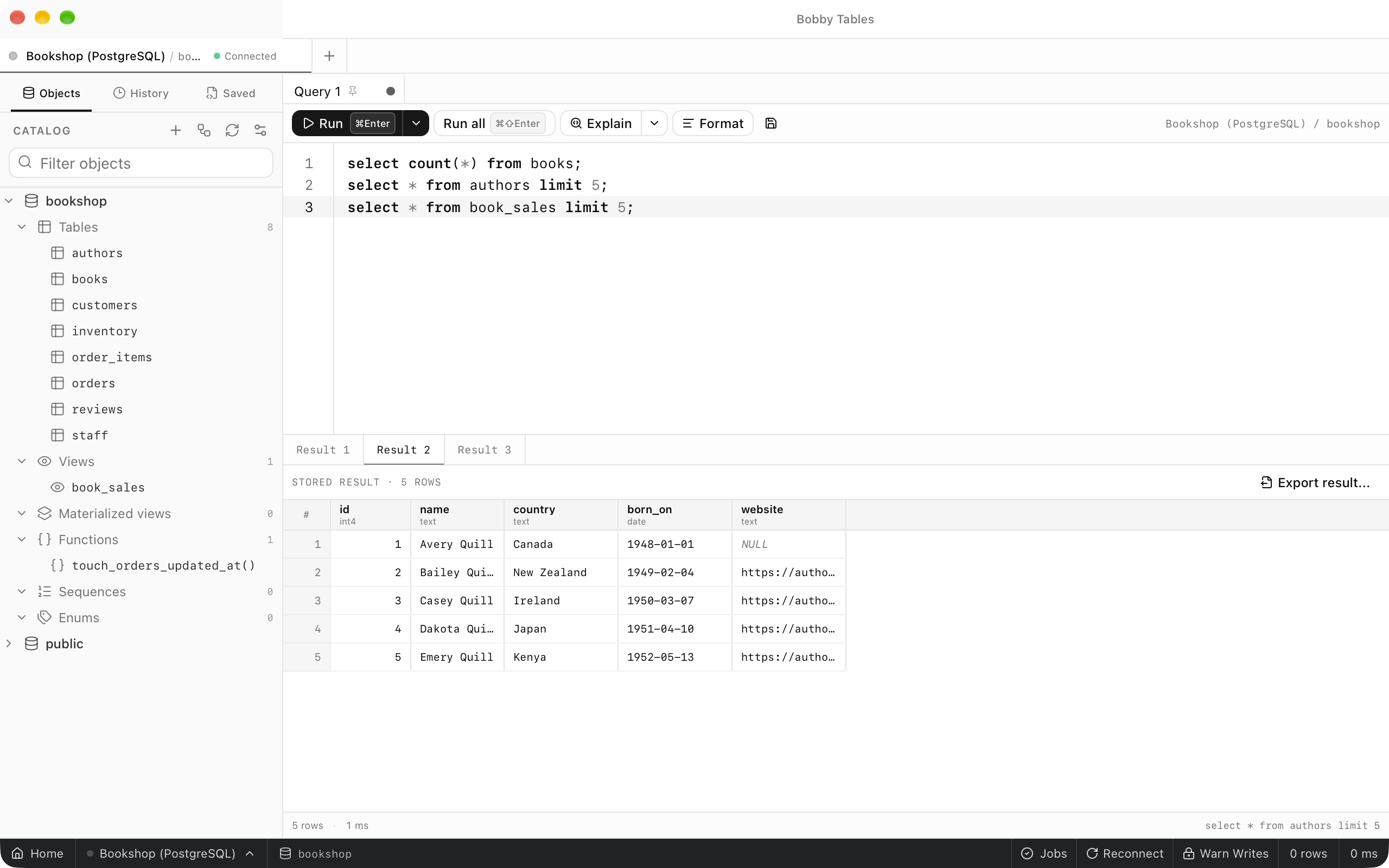 Result 1, Result 2 and Result 3 tabs above the grid after running three statements, with Result 2 selected and showing five authors.