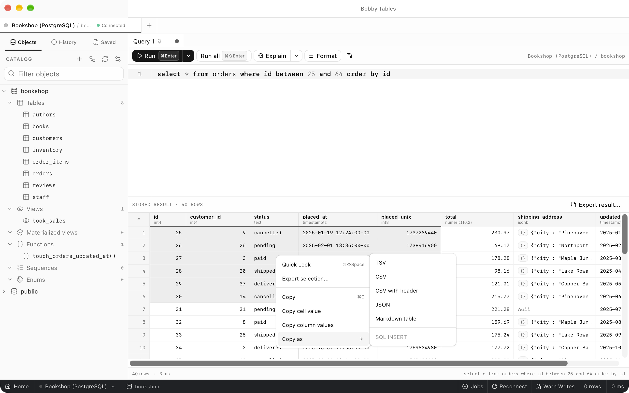 The grid context menu open on a block of selected cells, with the Copy as submenu listing TSV, CSV, CSV with header, JSON and Markdown table, and SQL INSERT disabled.