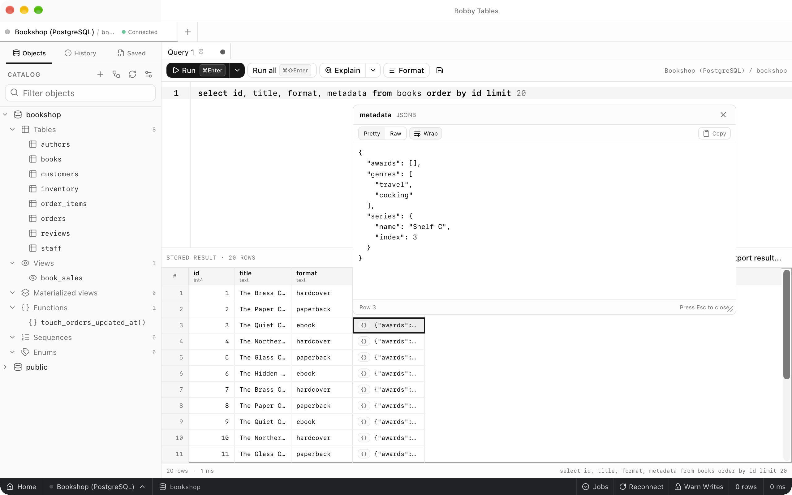 Quick Look open on the metadata cell of book 3, showing the JSONB value over several lines with Pretty, Raw, Wrap and Copy controls and Row 3 in its footer.
