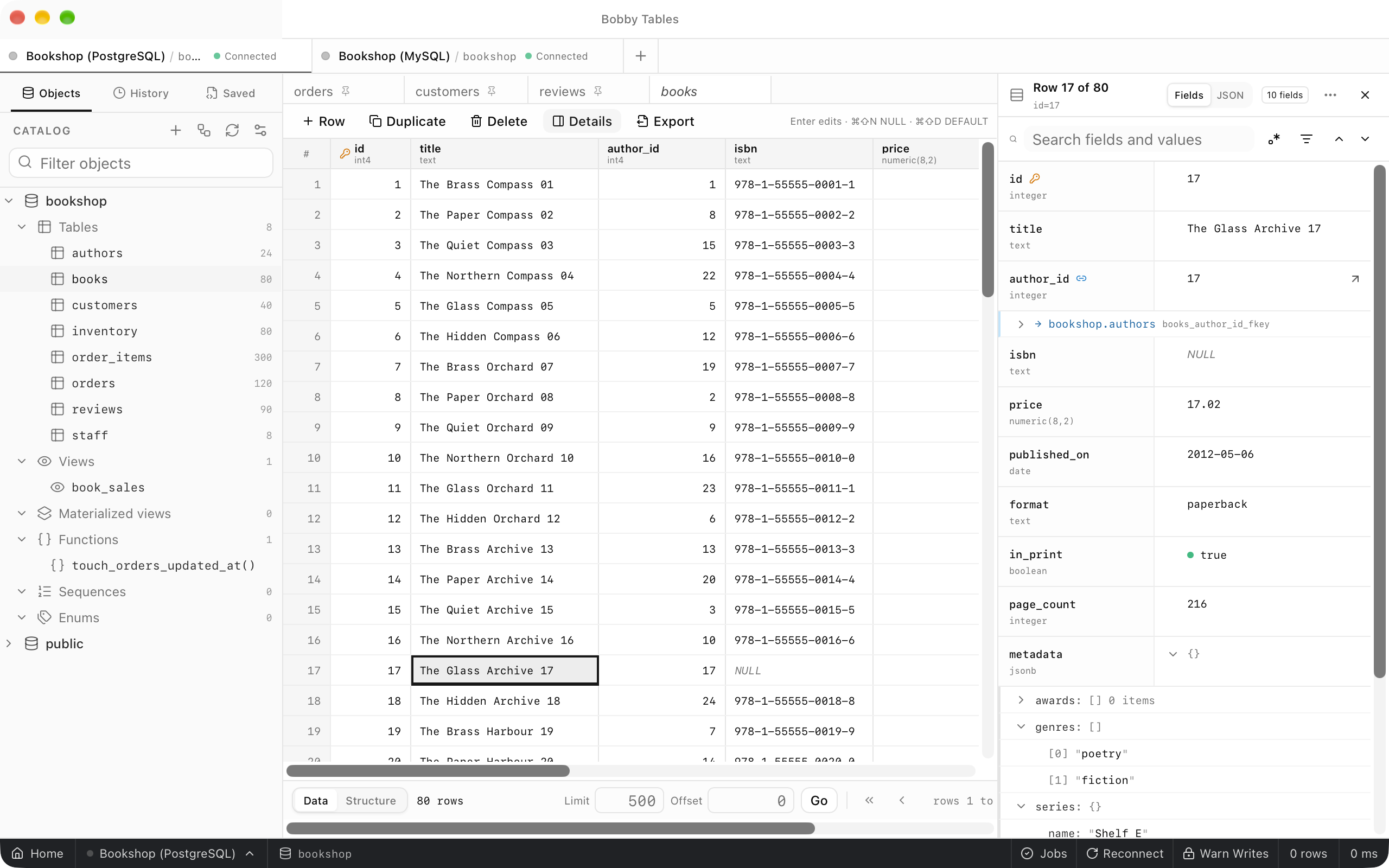 The books grid with the inspector open on row 17: isbn shows an italic NULL, in_print shows true with a dot, and metadata is expanded into an empty awards array, a genres array with poetry and fiction, and a series object.