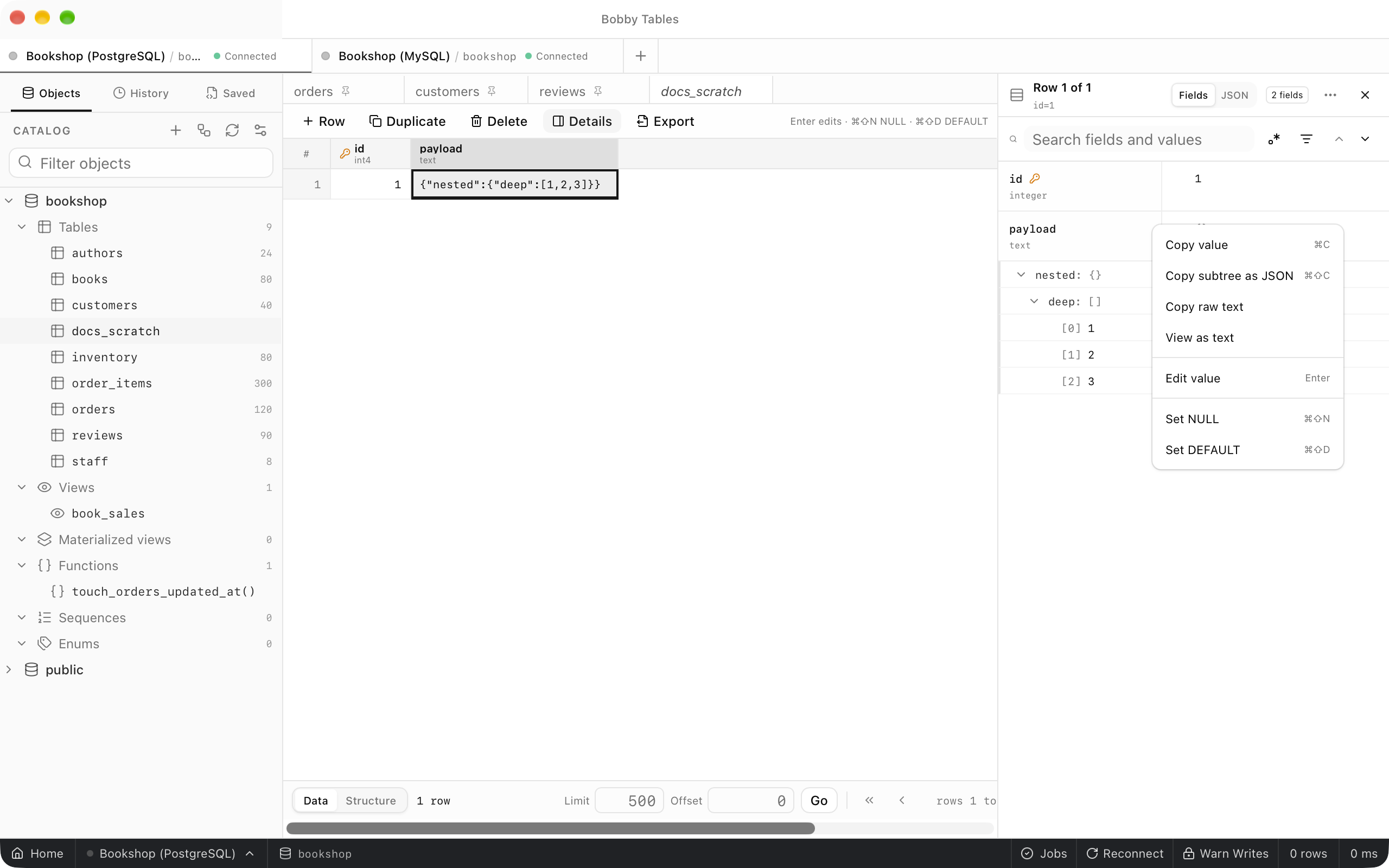A scratch row whose text column payload is shown as a tree of nested and deep with the values 1, 2 and 3, and the field's context menu open with Copy value, Copy subtree as JSON, Copy raw text and View as text.
