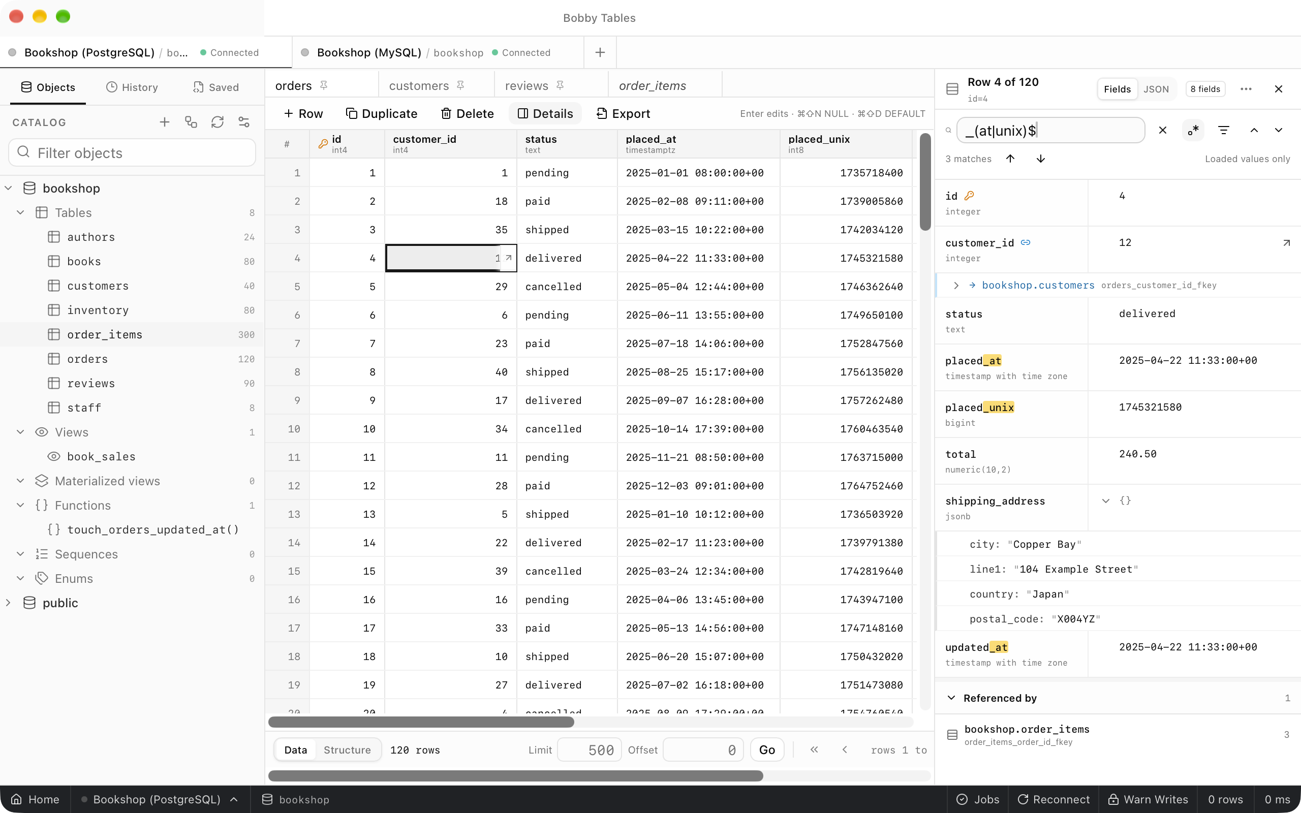The inspector search in regular expression mode with a pattern for names ending in _at or _unix, reporting 3 matches and highlighting placed_at, placed_unix and updated_at.