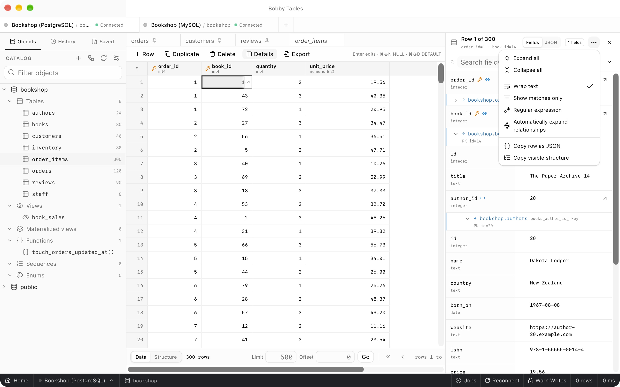 The panel menu open over the inspector, listing Expand all, Collapse all, Wrap text with a check, Show matches only, Regular expression, Automatically expand relationships, Copy row as JSON and Copy visible structure.