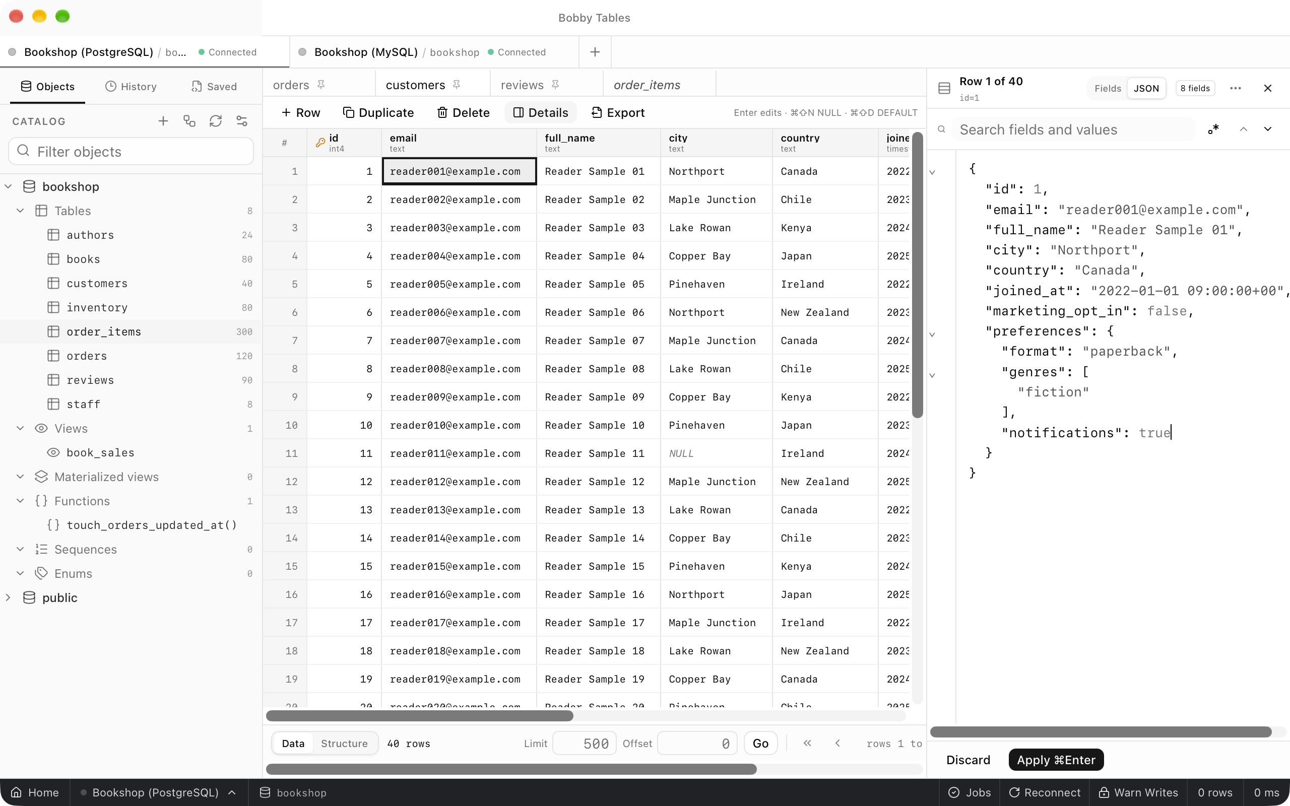 Customers row 1 in the JSON view with notifications inside preferences changed to true, and Discard and Apply Command Enter in the footer.