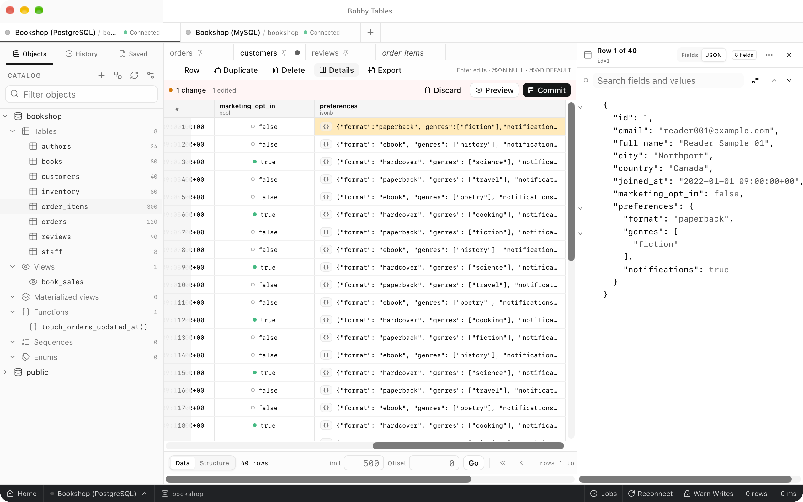 The customers grid after applying the draft, with row 1's preferences cell highlighted as pending and the bar reading 1 change, 1 edited, with Discard, Preview and Commit.