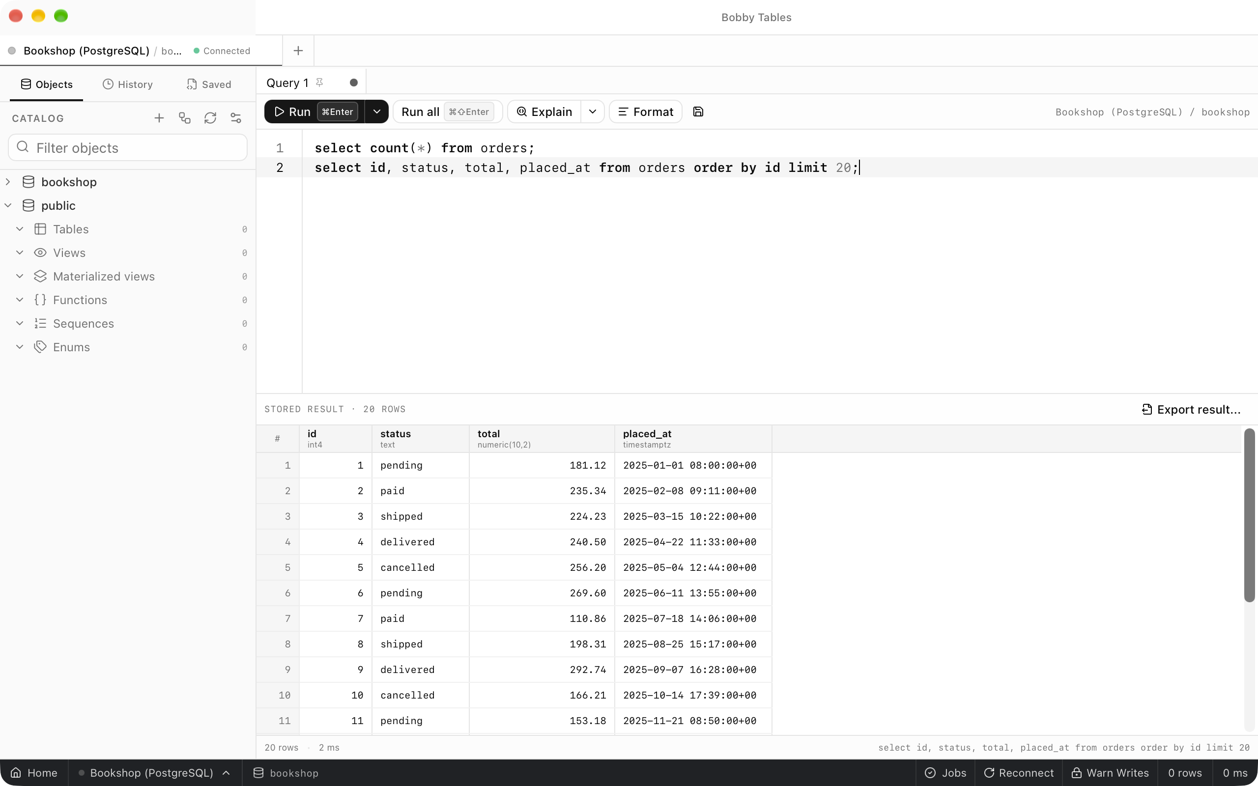 A query tab holding two SELECT statements with the cursor in the second, its twenty rows in the grid, and a footer with the row count and time.