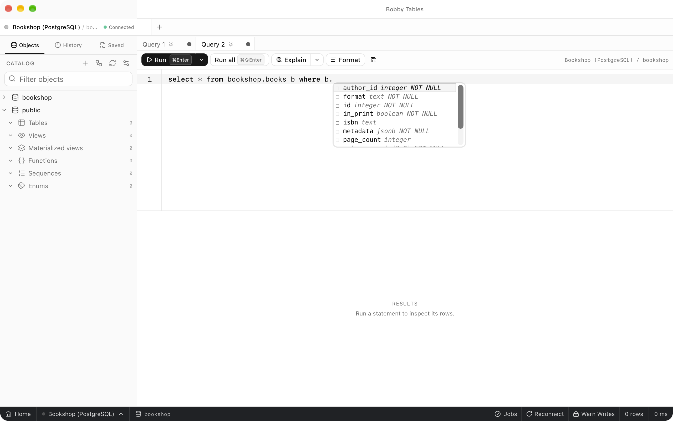 The completion list after b. in select * from bookshop.books b where, listing author_id, format, id, in_print, isbn, metadata and page_count with their types and NOT NULL.