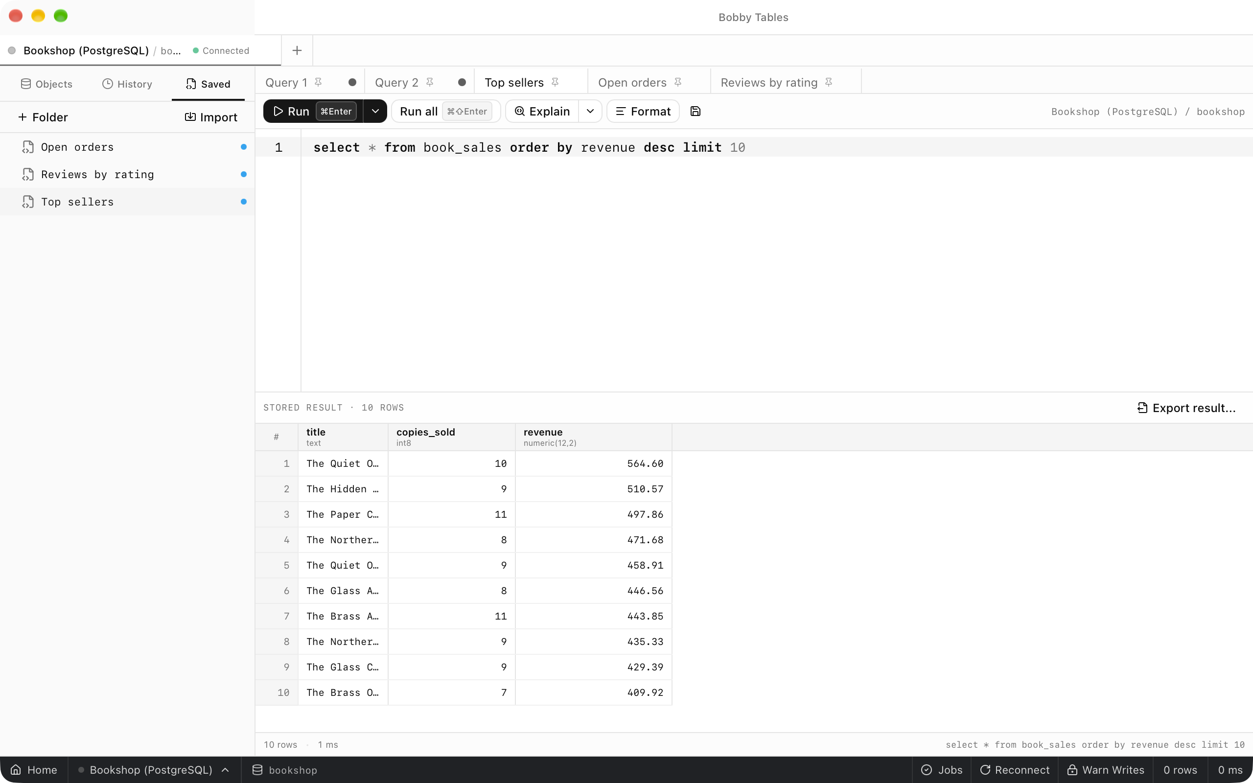 The Saved tab listing Open orders, Reviews by rating and Top sellers, with the Top sellers tab open in the editor above its ten rows.