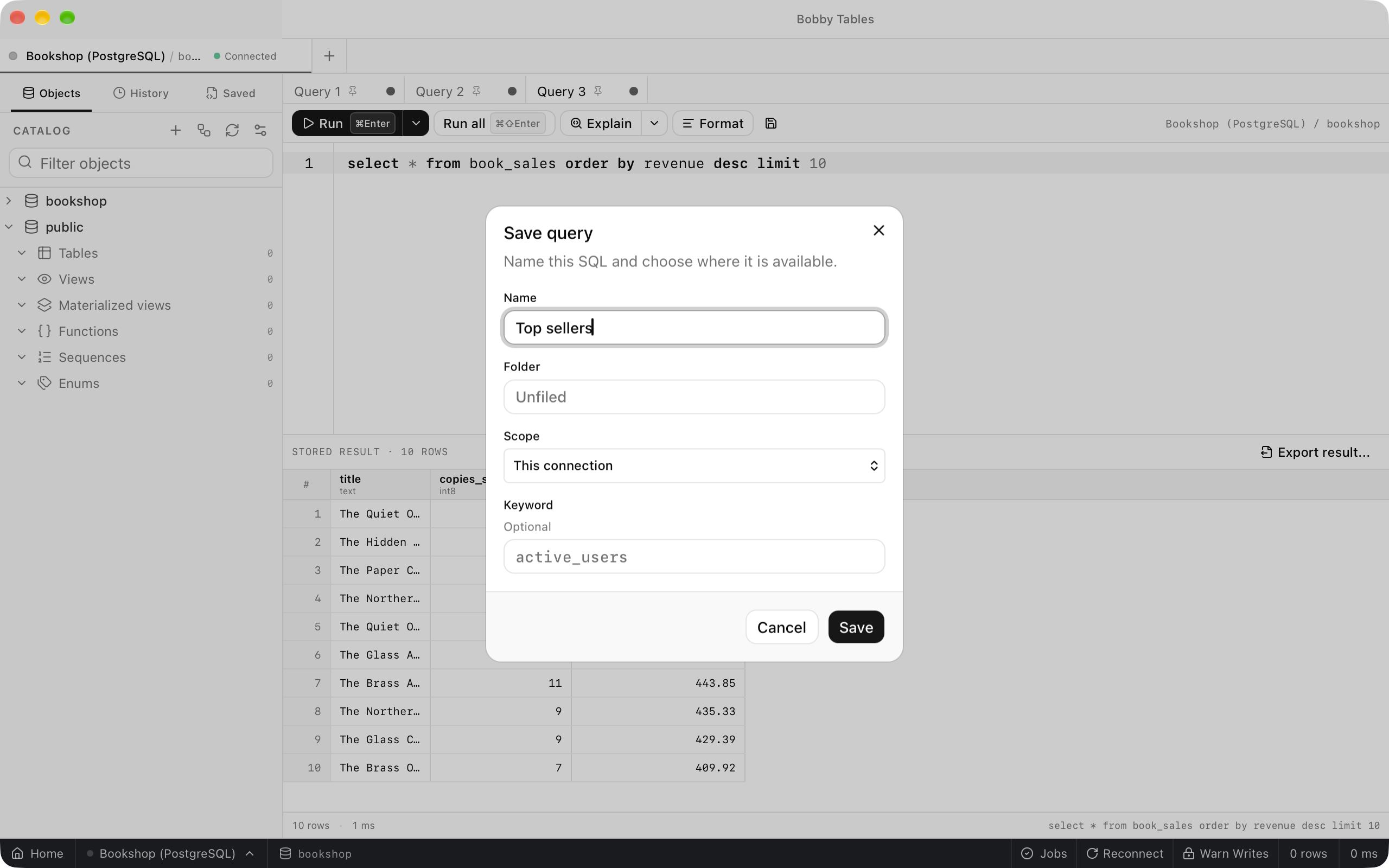 The Save query dialog with Top sellers in Name, an empty Folder, This connection as the Scope and an empty optional Keyword.
