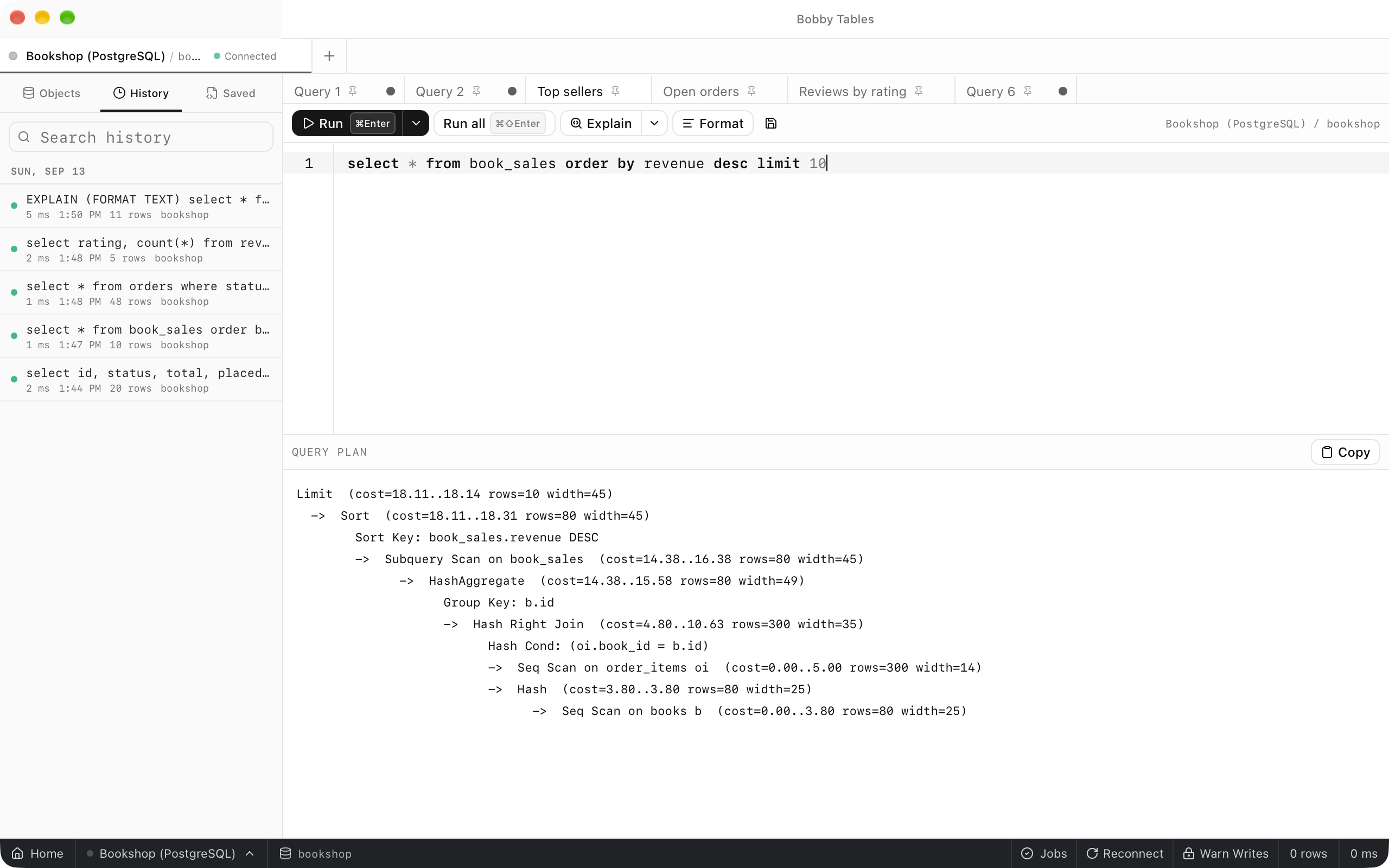 The results pane after Explain on the Top sellers query, listing the server's indented steps from the limit and sort down to scans of order_items and books, with a Copy button.