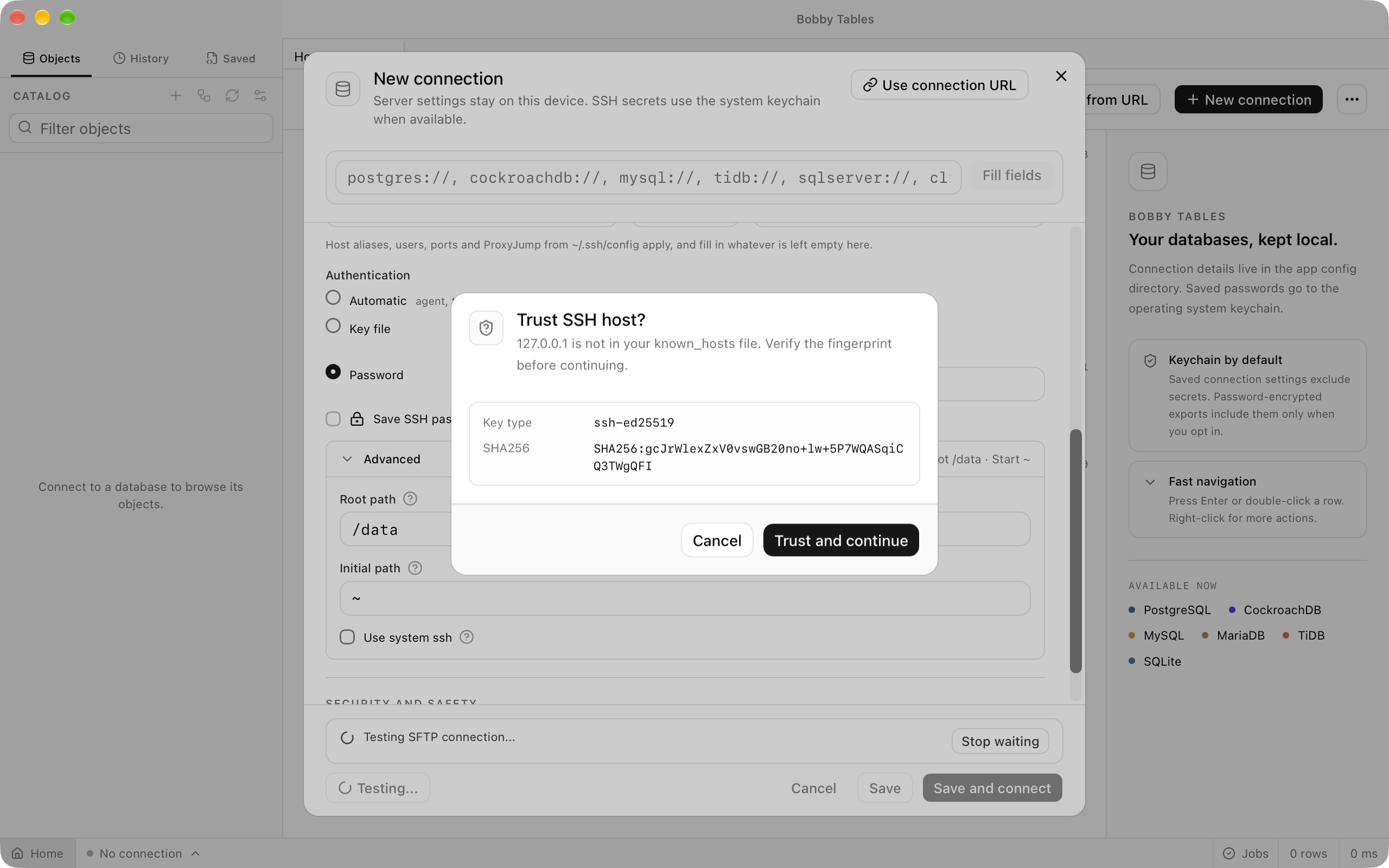 The Trust SSH host? dialog saying the host is not in your known_hosts file, with the key type, the SHA256 fingerprint, and Cancel and Trust and continue buttons.