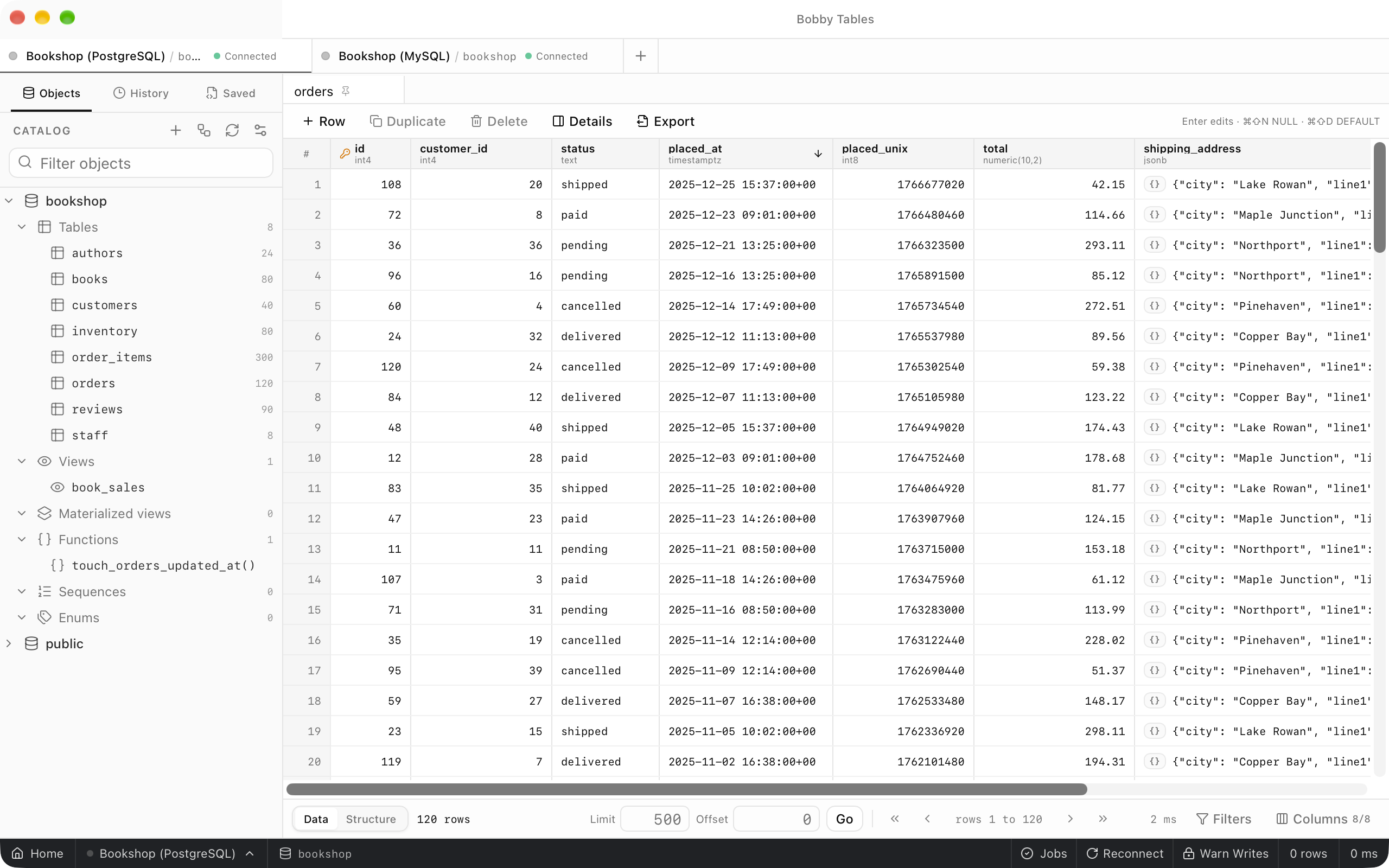 The orders table sorted by placed_at with a down arrow in its heading, the newest orders first, and 120 rows in the bar below the grid.
