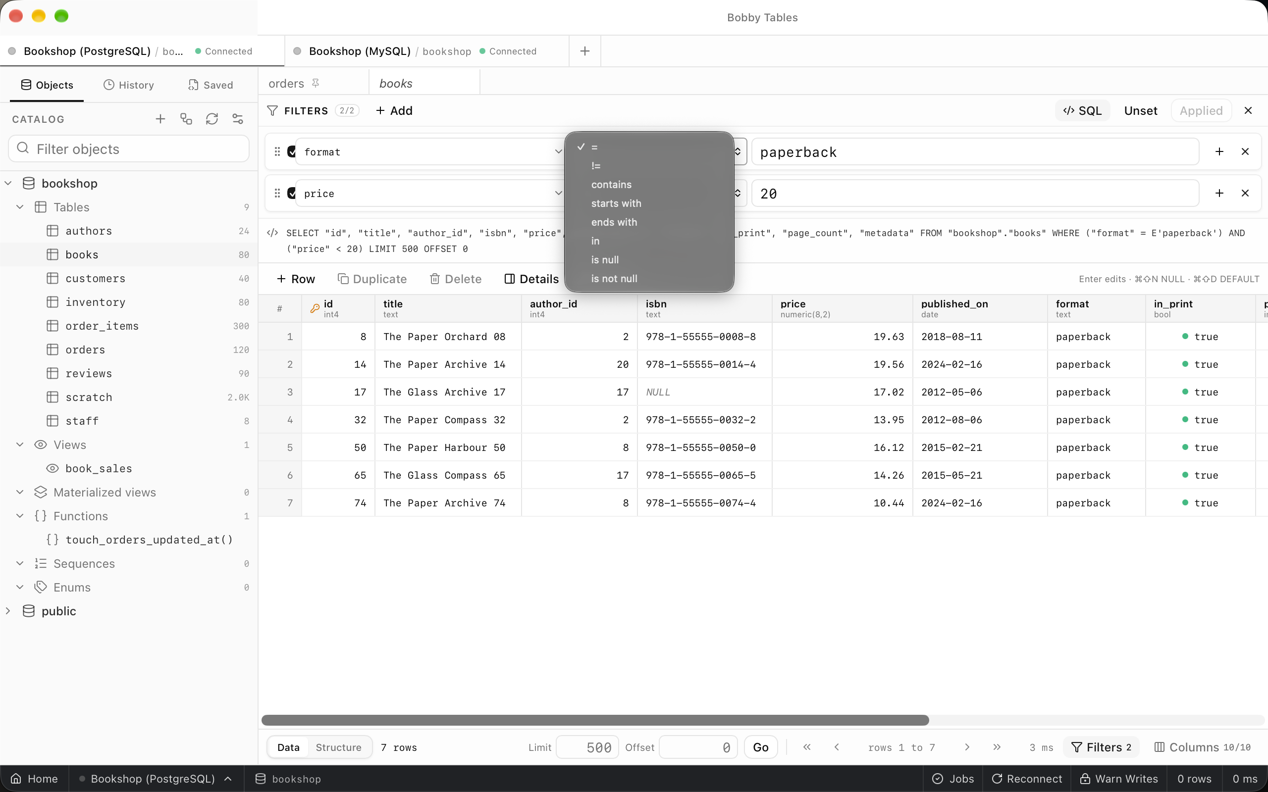 The operator list open on the format filter, showing =, !=, contains, starts with, ends with, in, is null and is not null.