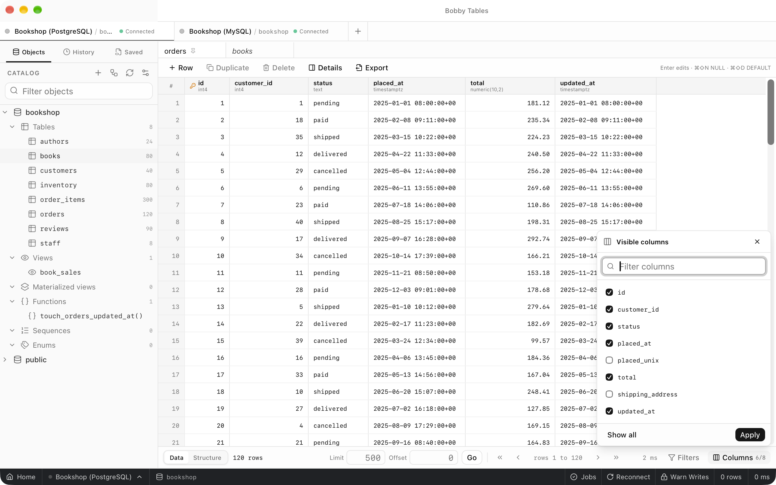 The Visible columns popover with placed_unix and shipping_address unticked, and the orders grid behind it without those columns.