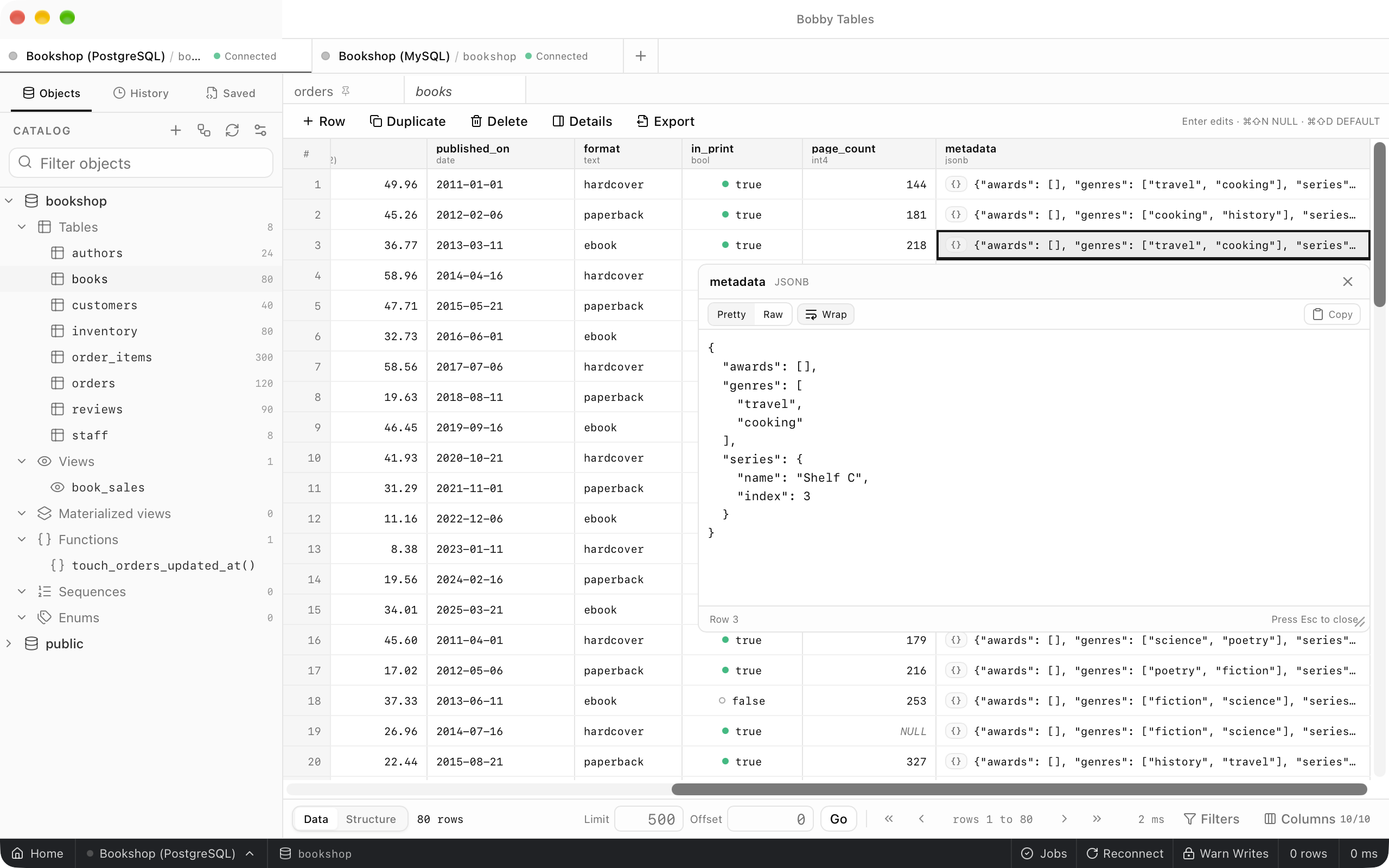 Quick Look open under a books metadata cell, showing the JSONB value formatted over several lines with Pretty, Raw, Wrap and Copy controls.