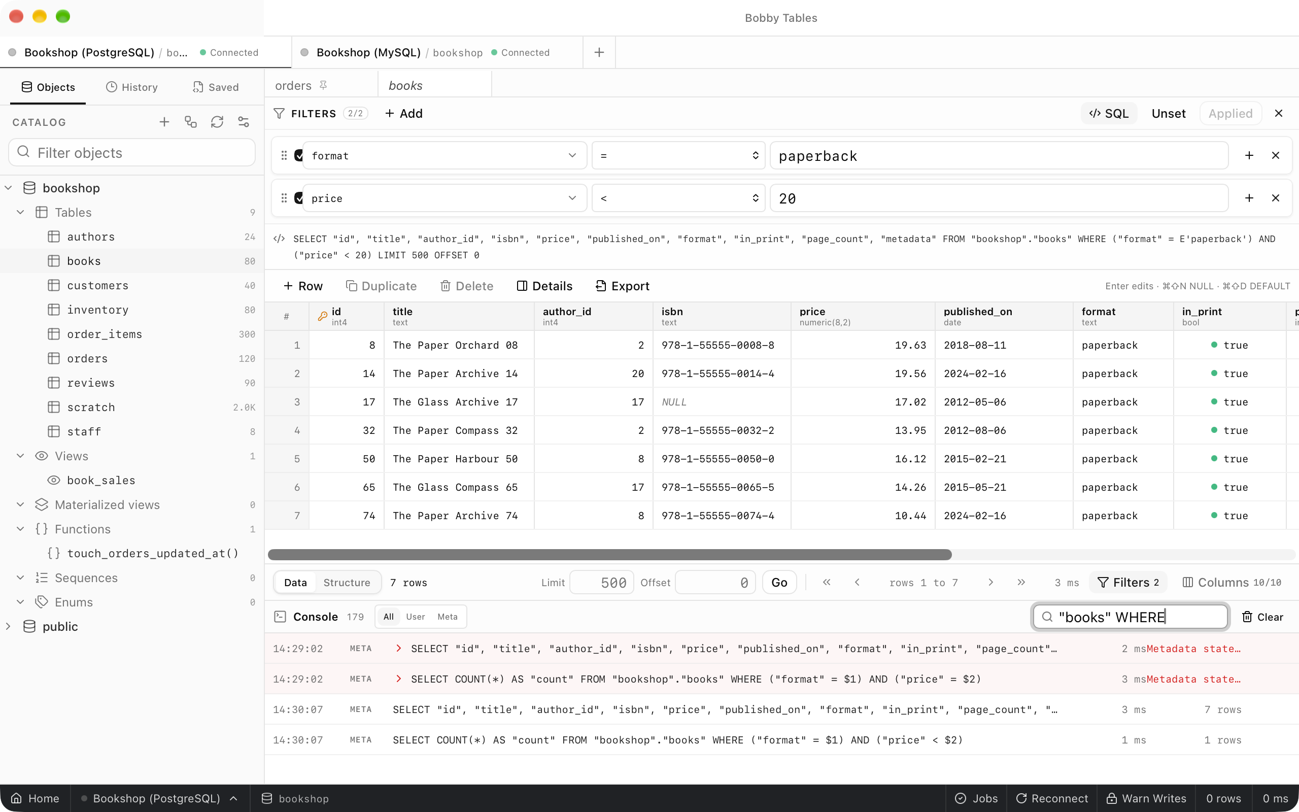 The console below the filtered books grid, listing the SELECT and COUNT queries the app sent for the filters, with their times and row counts.